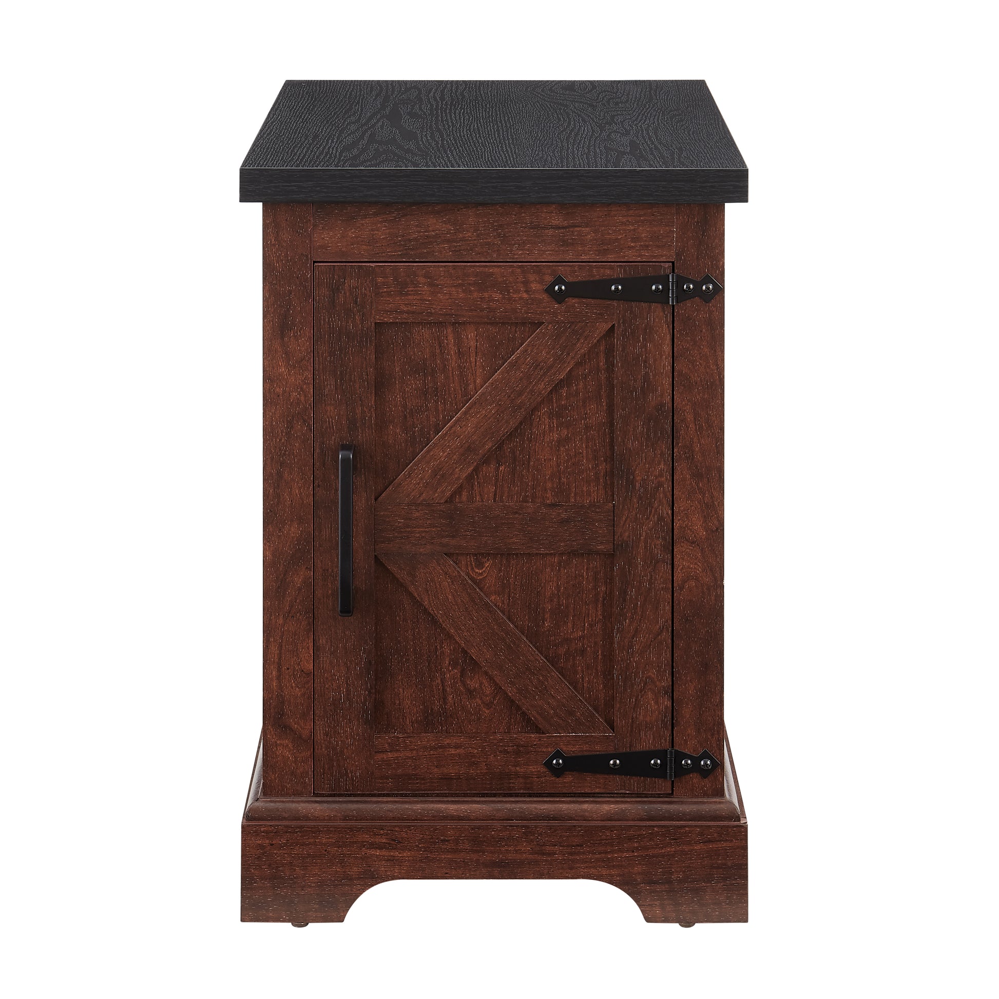 Rustic brown wood nightstand with black textured top and barn door detail