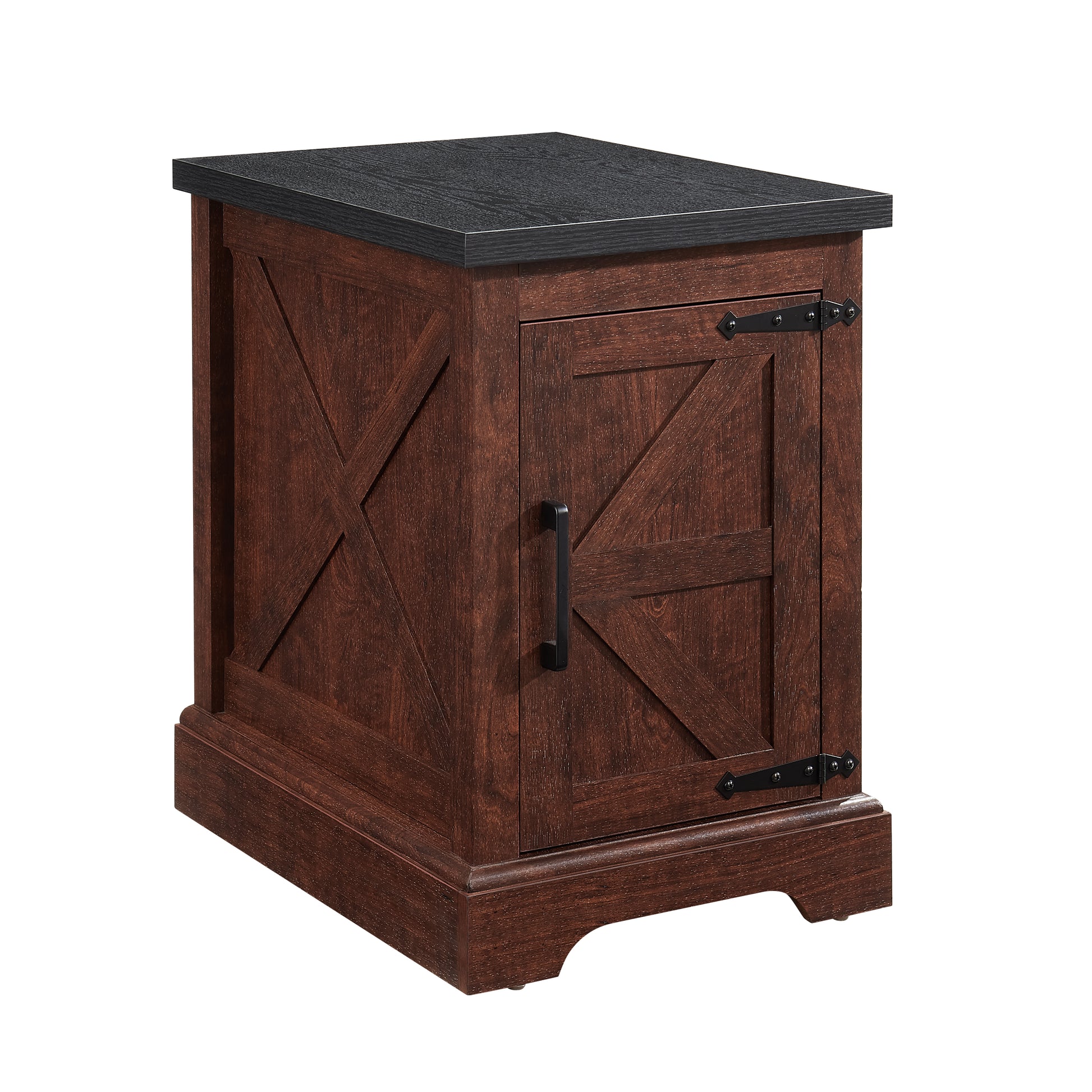 Rustic brown wood end table with black hardware and dark tabletop
