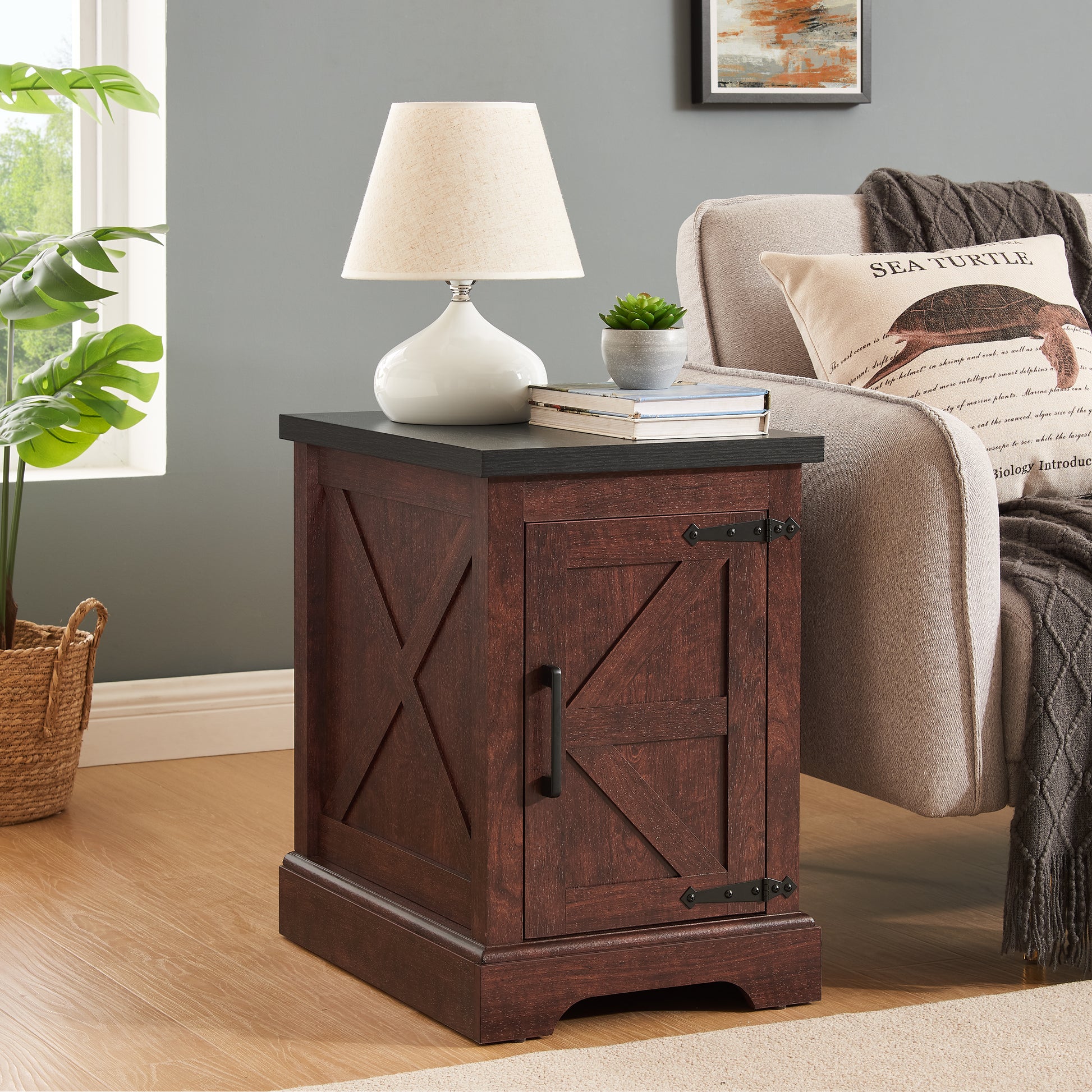 Rustic dark wood end table with barn door accent