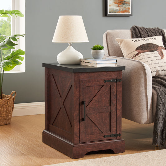 Rustic dark wood end table with barn door accent