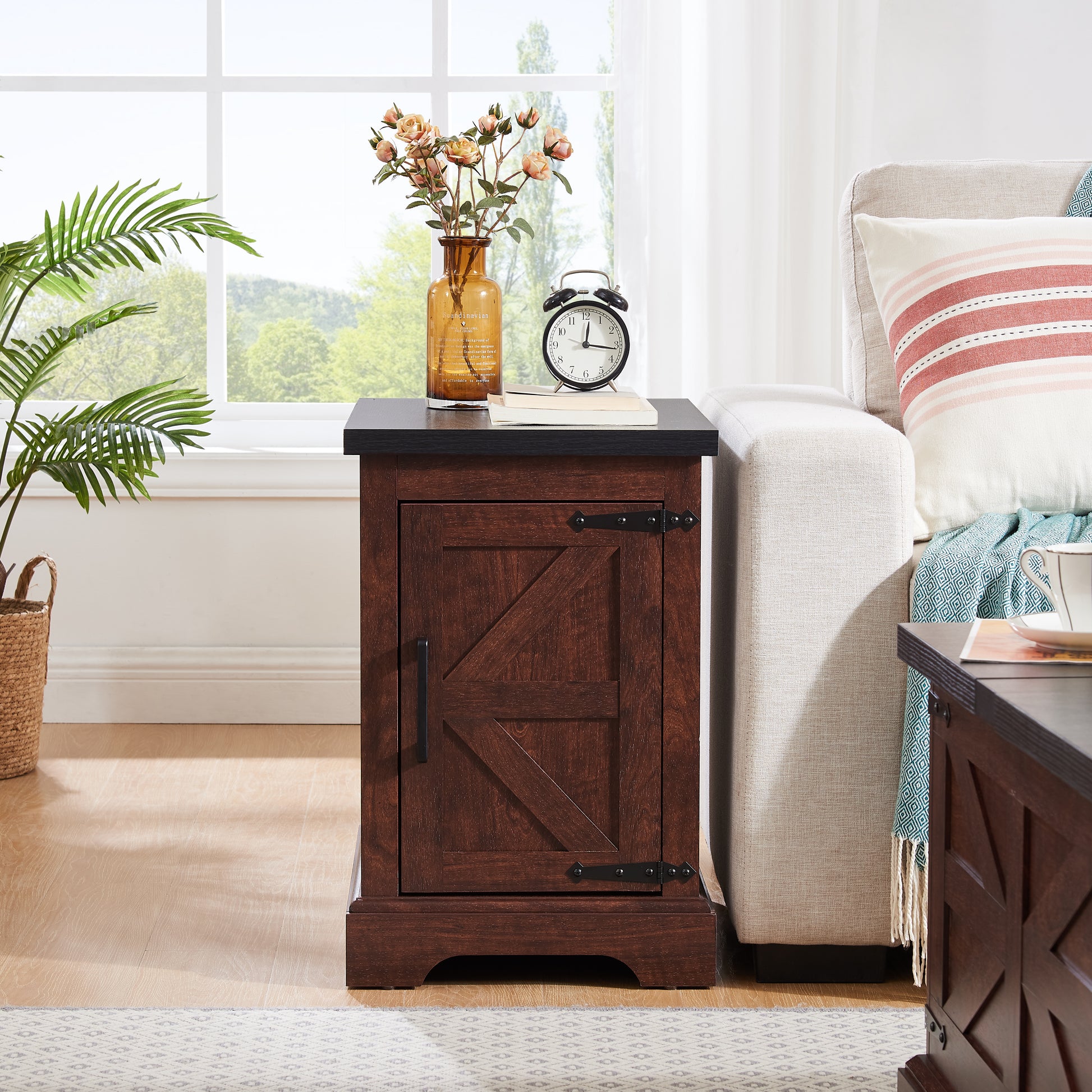 Rustic dark wood end table with barn door style cabinet