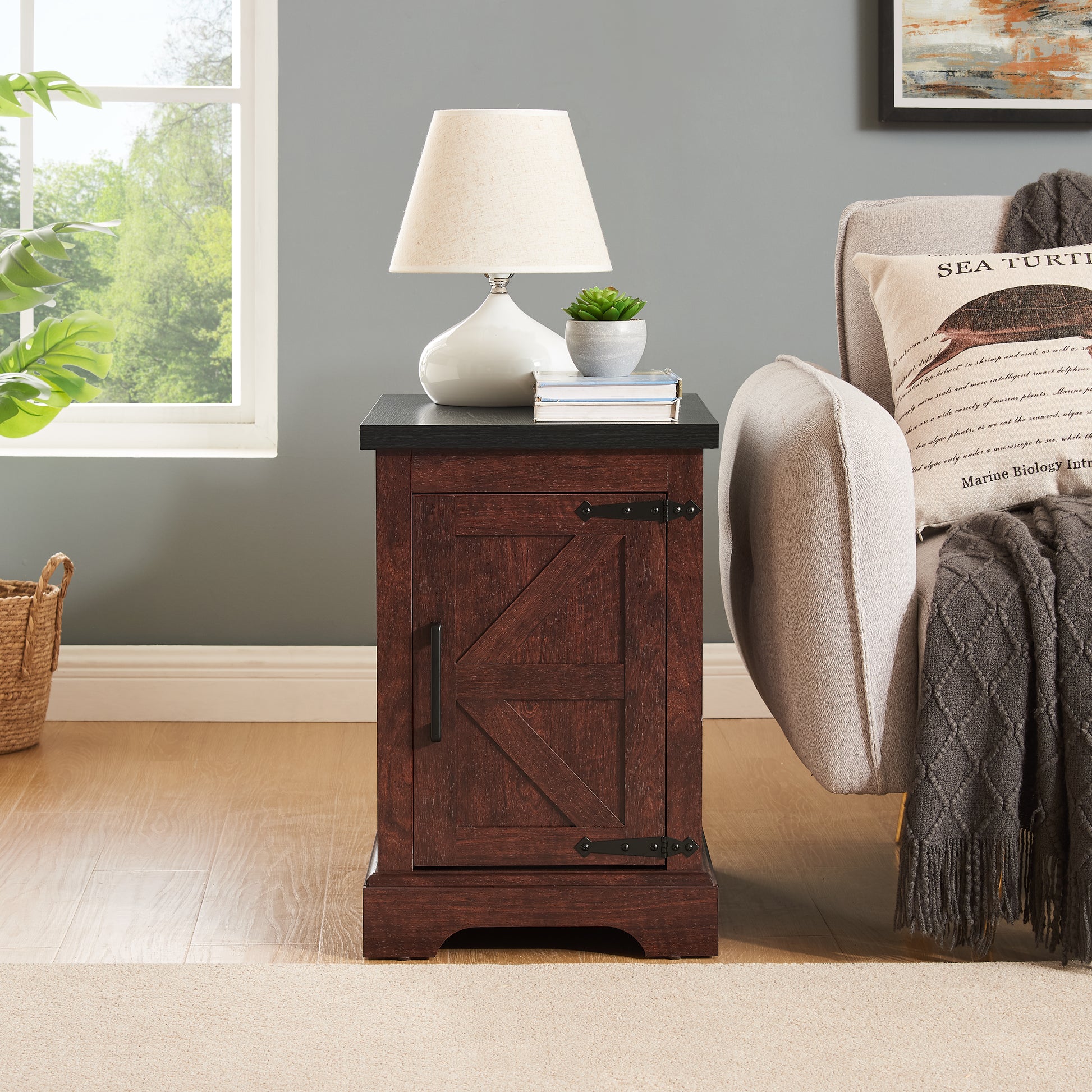 Dark brown barn door end table with black metal hardware and top