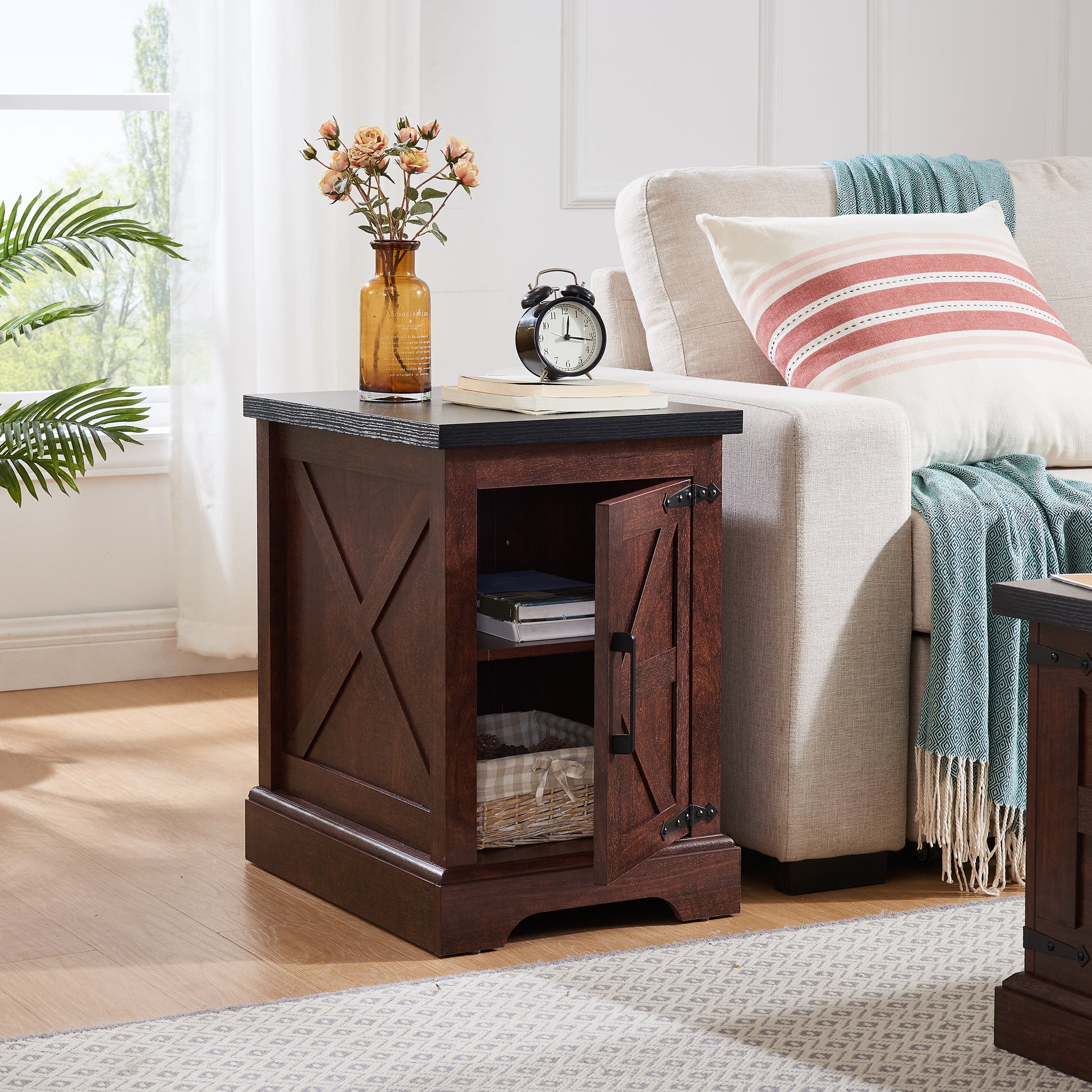 Dark brown wood end table with barn door front and Xshaped panel