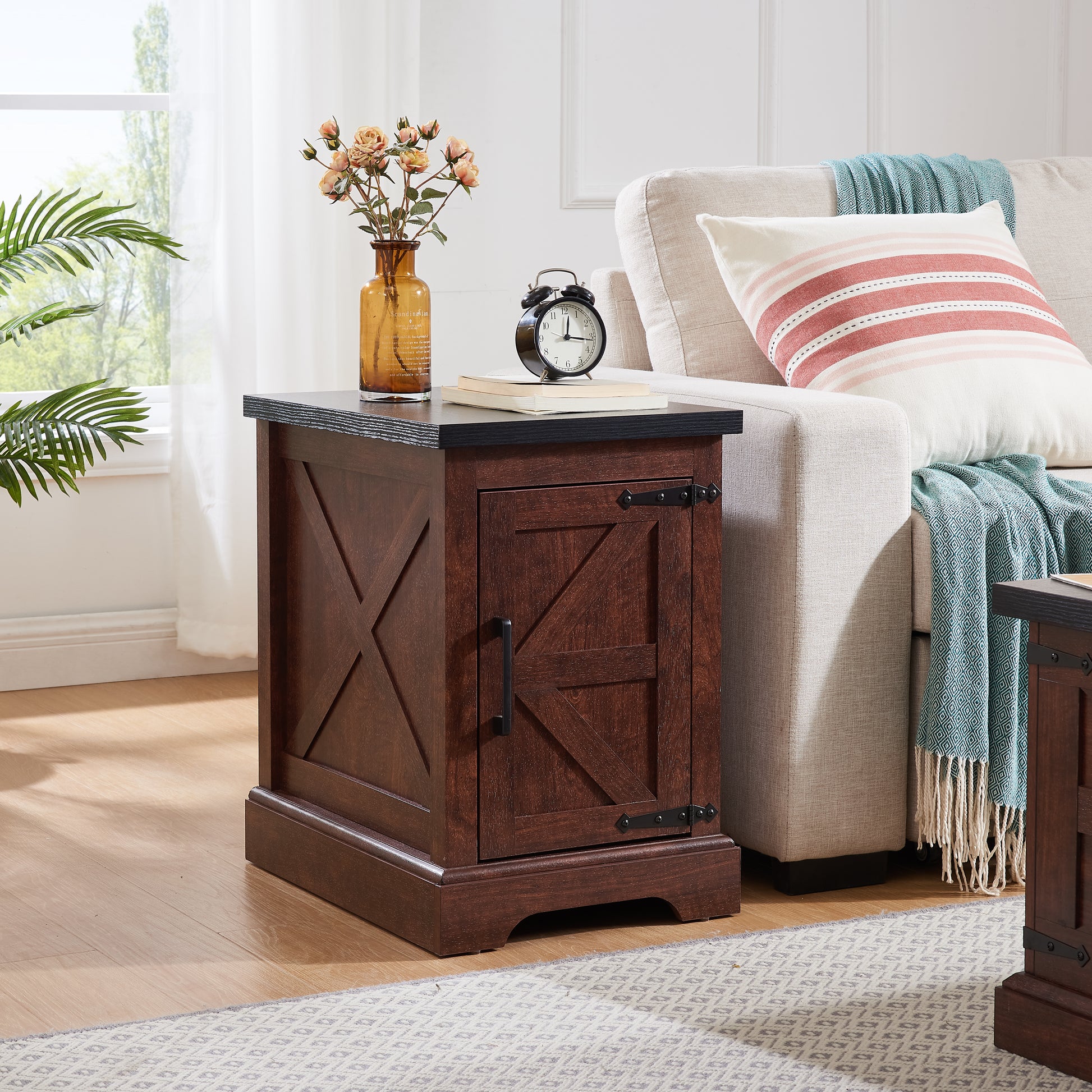 Dark wood barn door accent end table with black hardware