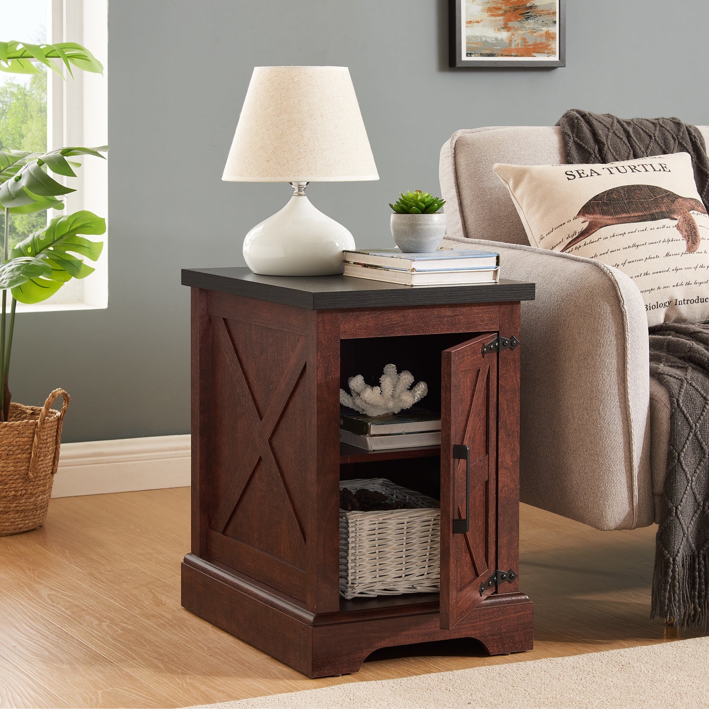 Rustic dark wood end table with Xdesign panel and open cabinet storage