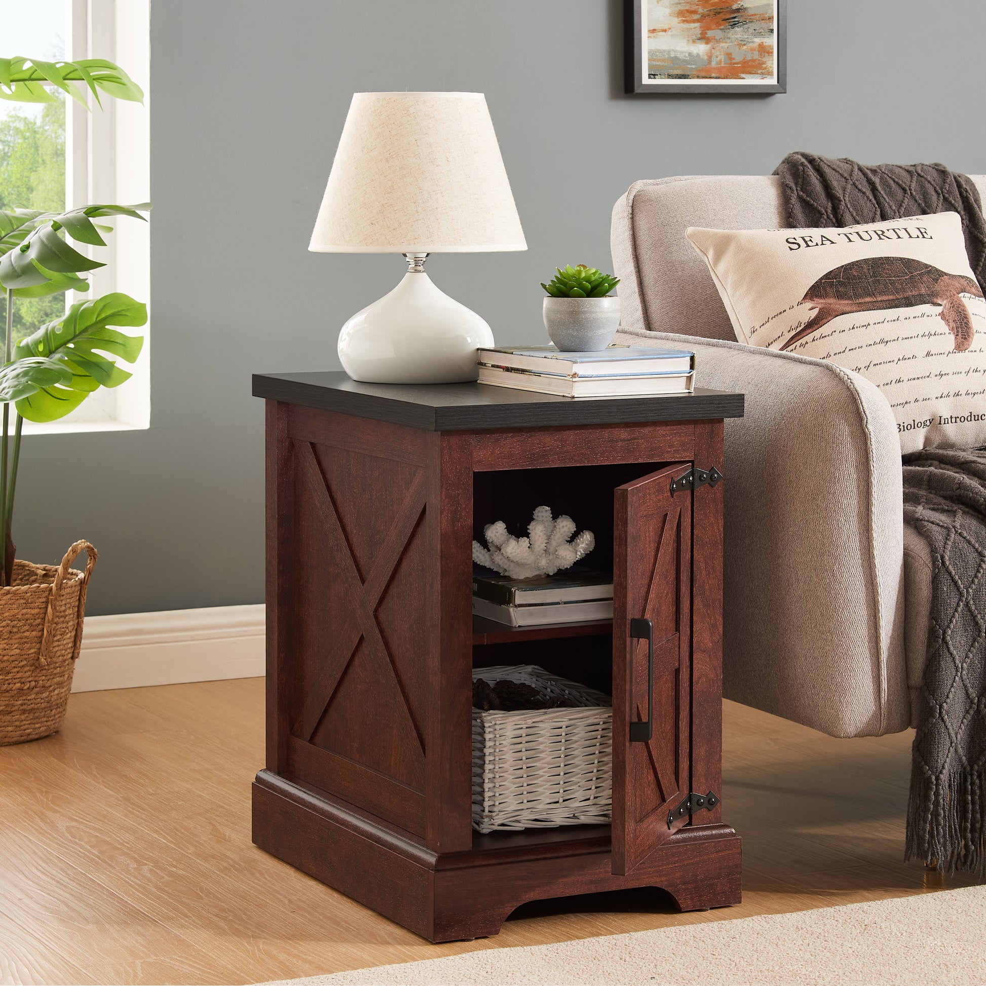 Rustic dark wood end table with Xdesign panel and open cabinet storage