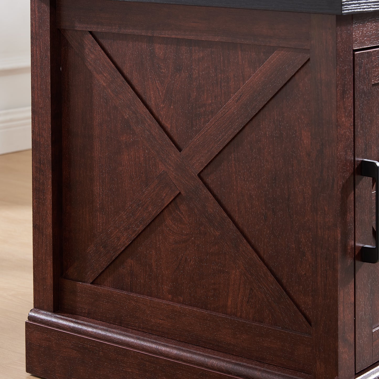 Dark wood sideboard with barn door Xpanel detail and black hardware