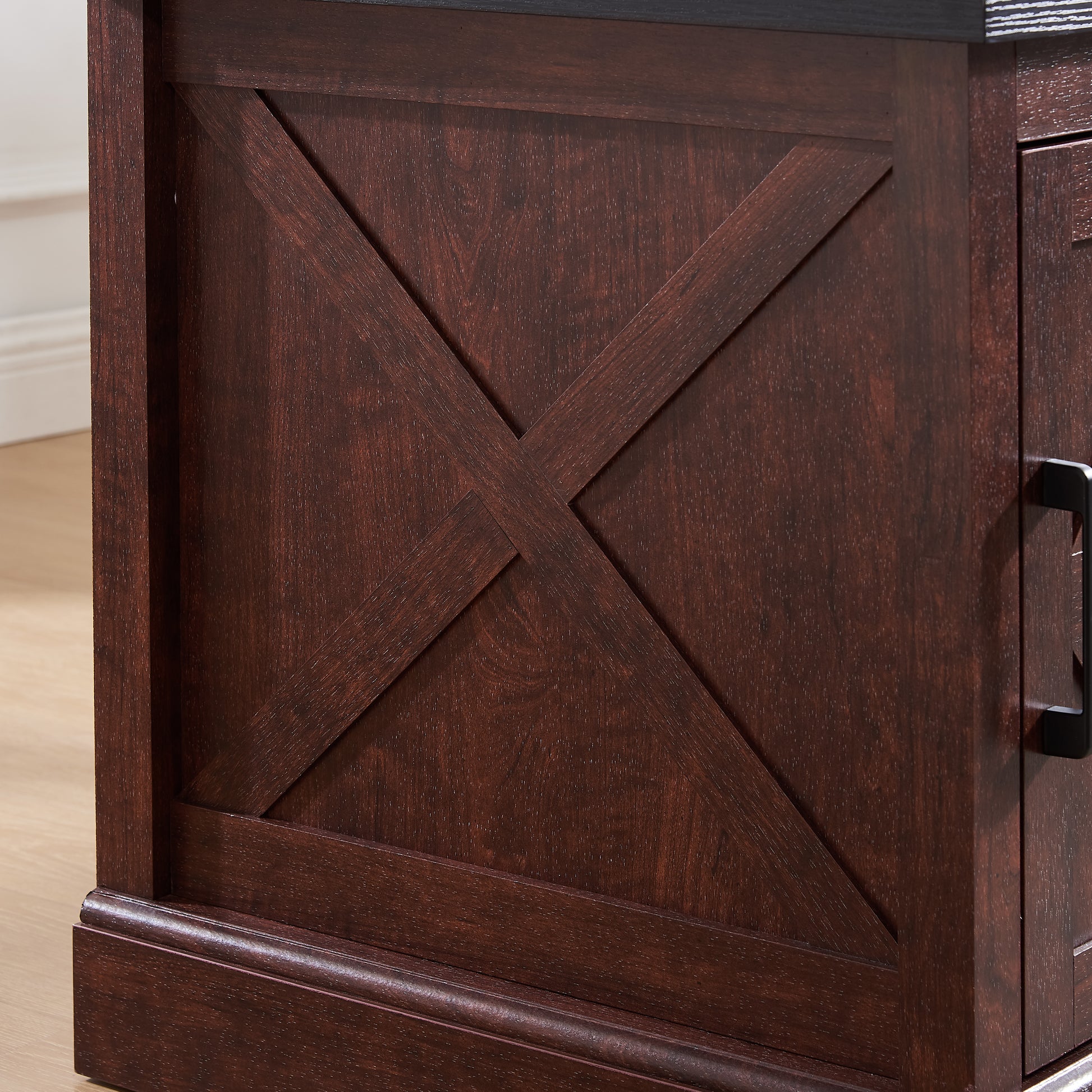 Dark wood sideboard with barn door Xpanel detail and black hardware