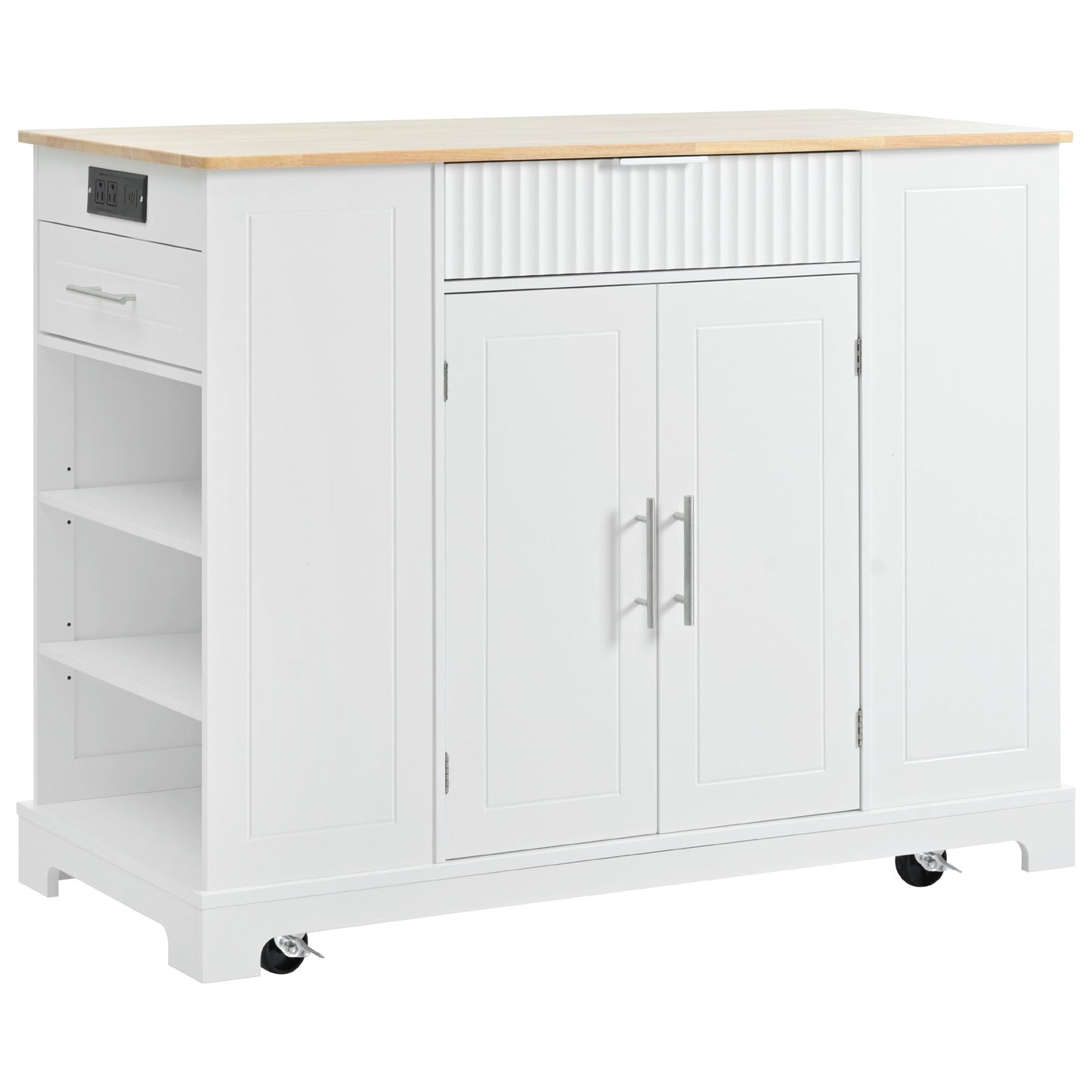 White kitchen island with butcher block top and builtin power outlets