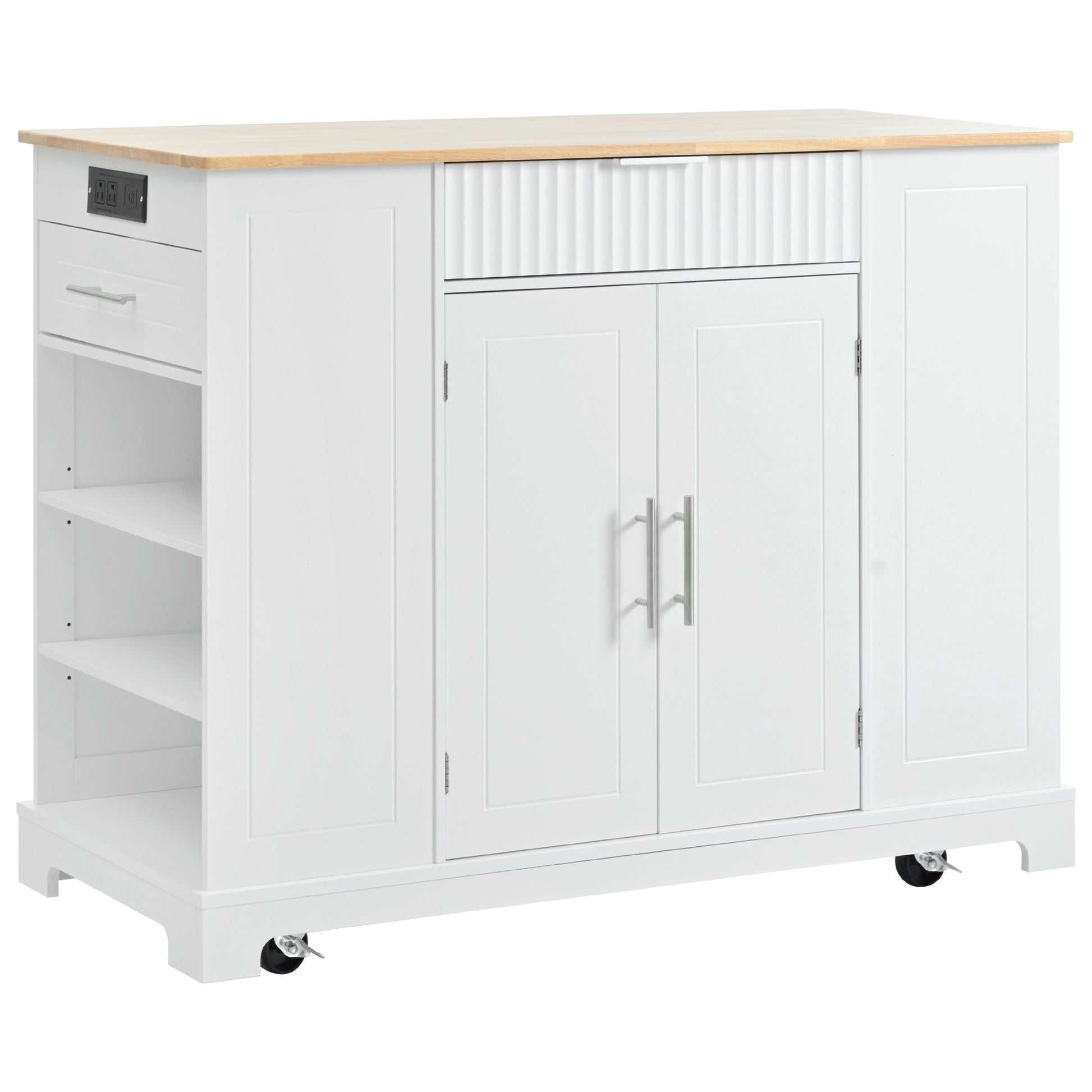 White kitchen island with butcher block top and builtin power outlets