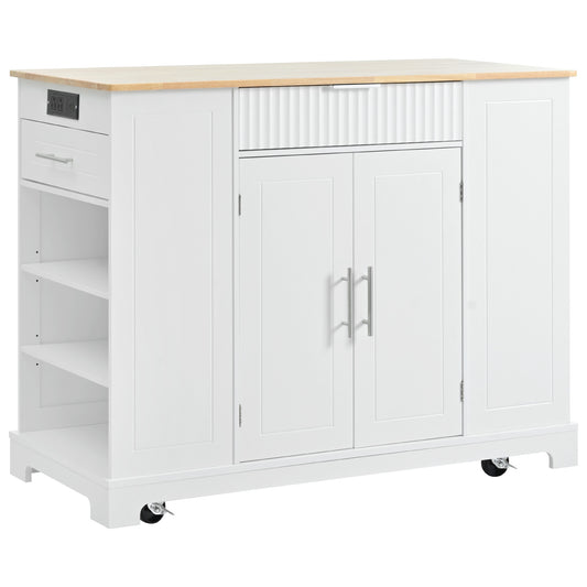 White kitchen island with butcher block top and builtin power outlets