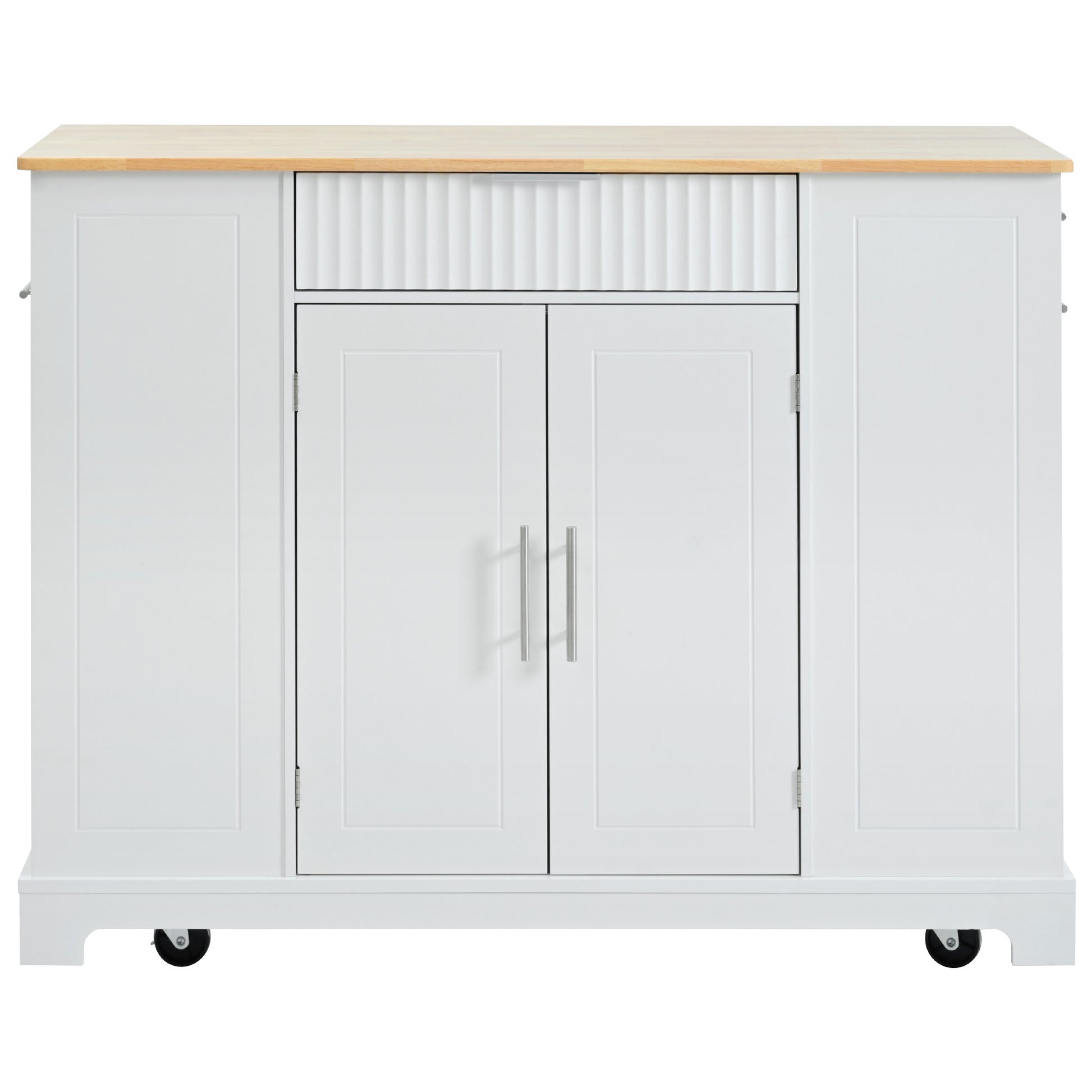 White kitchen island cart with butcher block top and chrome handles