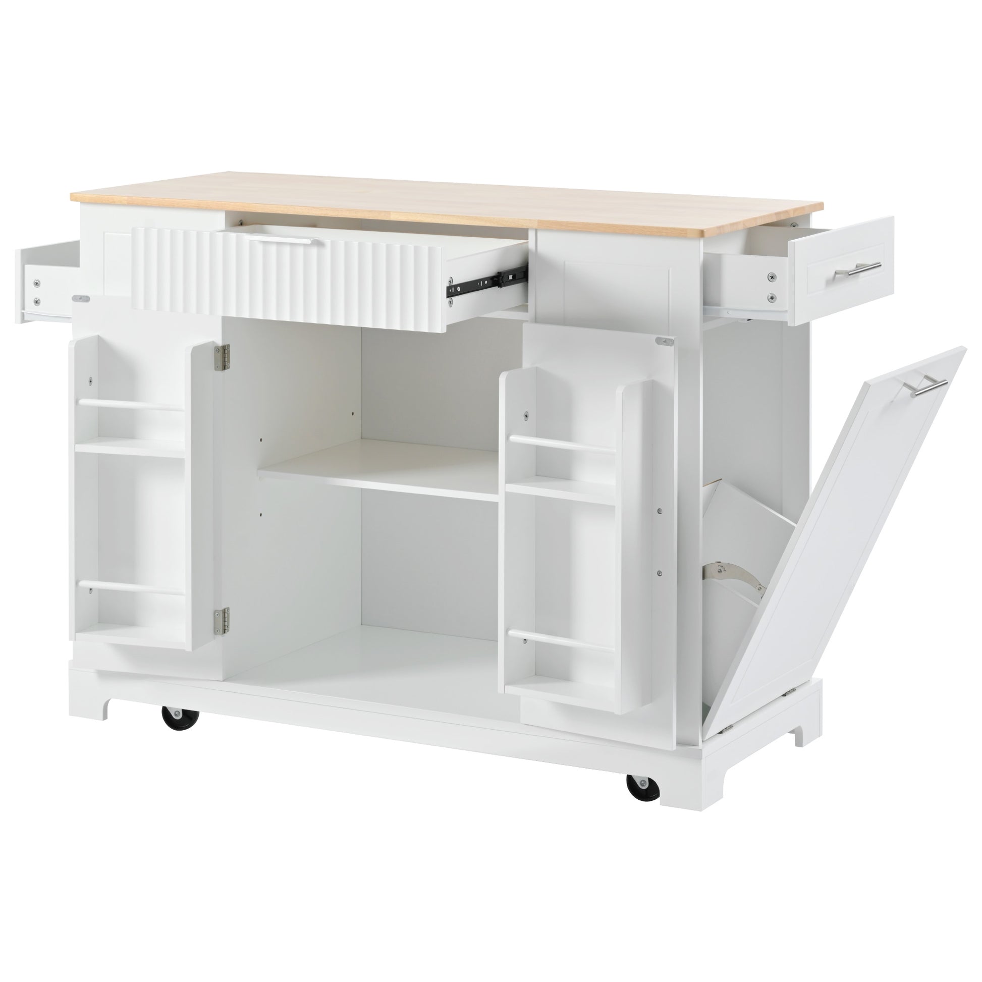 White kitchen island cart with wood top and open storage compartments