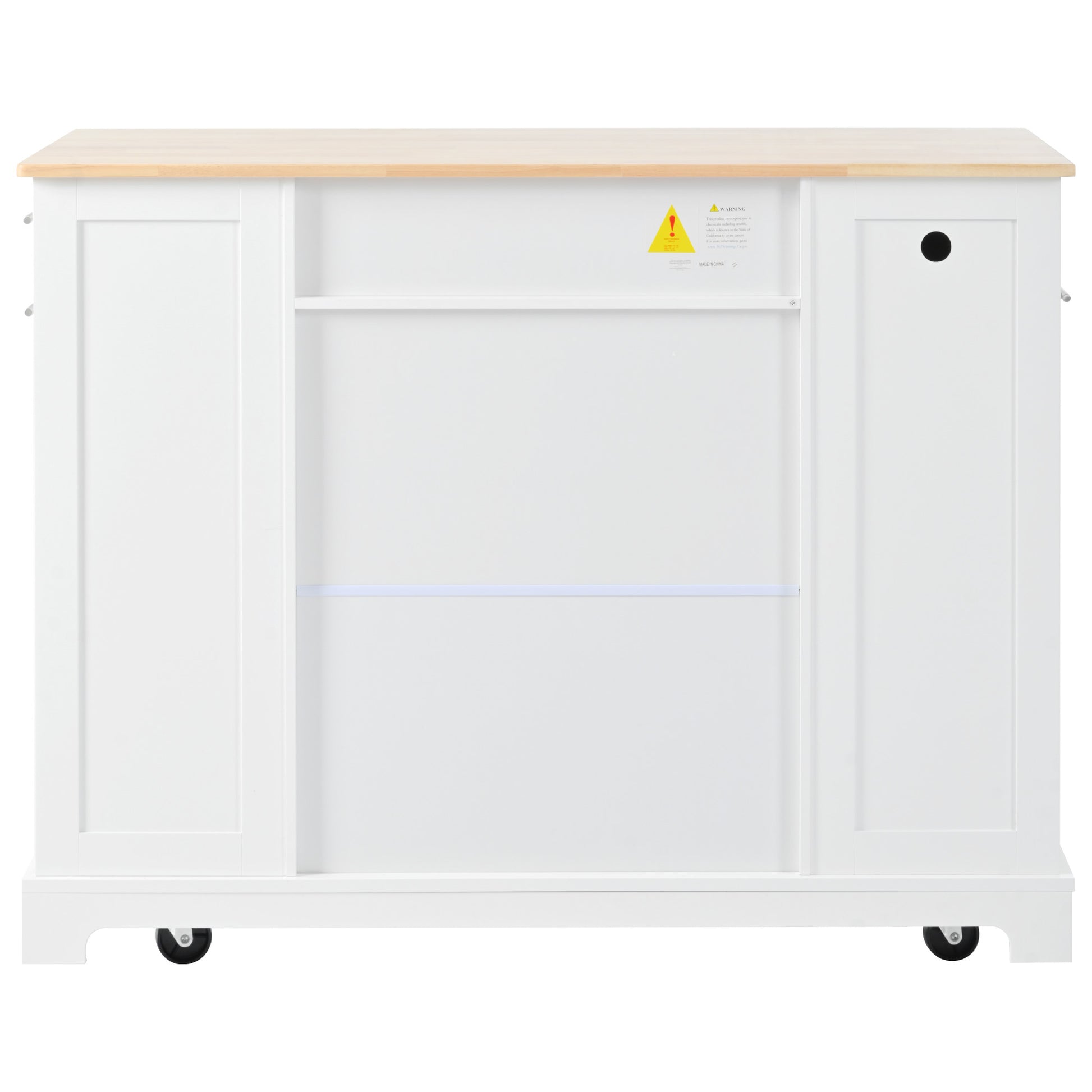White kitchen island with butcher block top and castor wheels