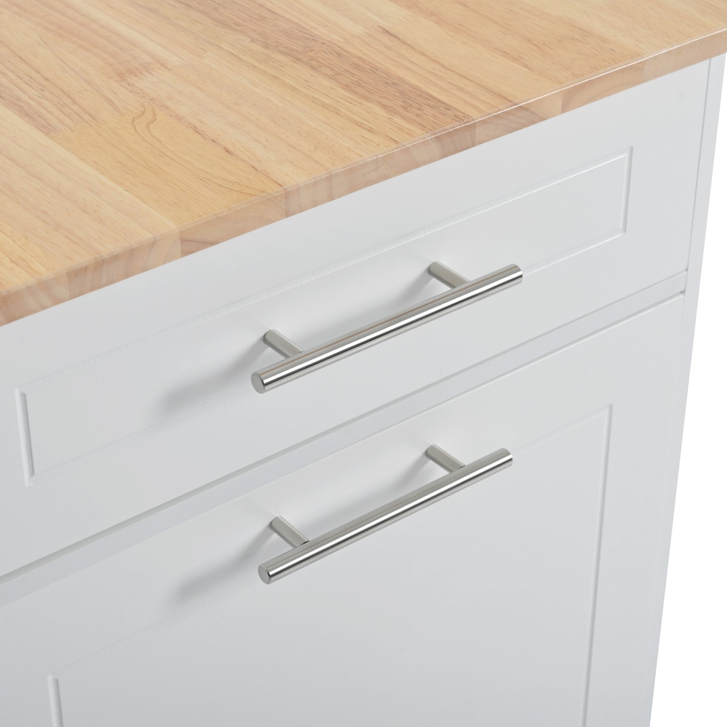 Wooden kitchen island with butcher block top and two silver bar pulls