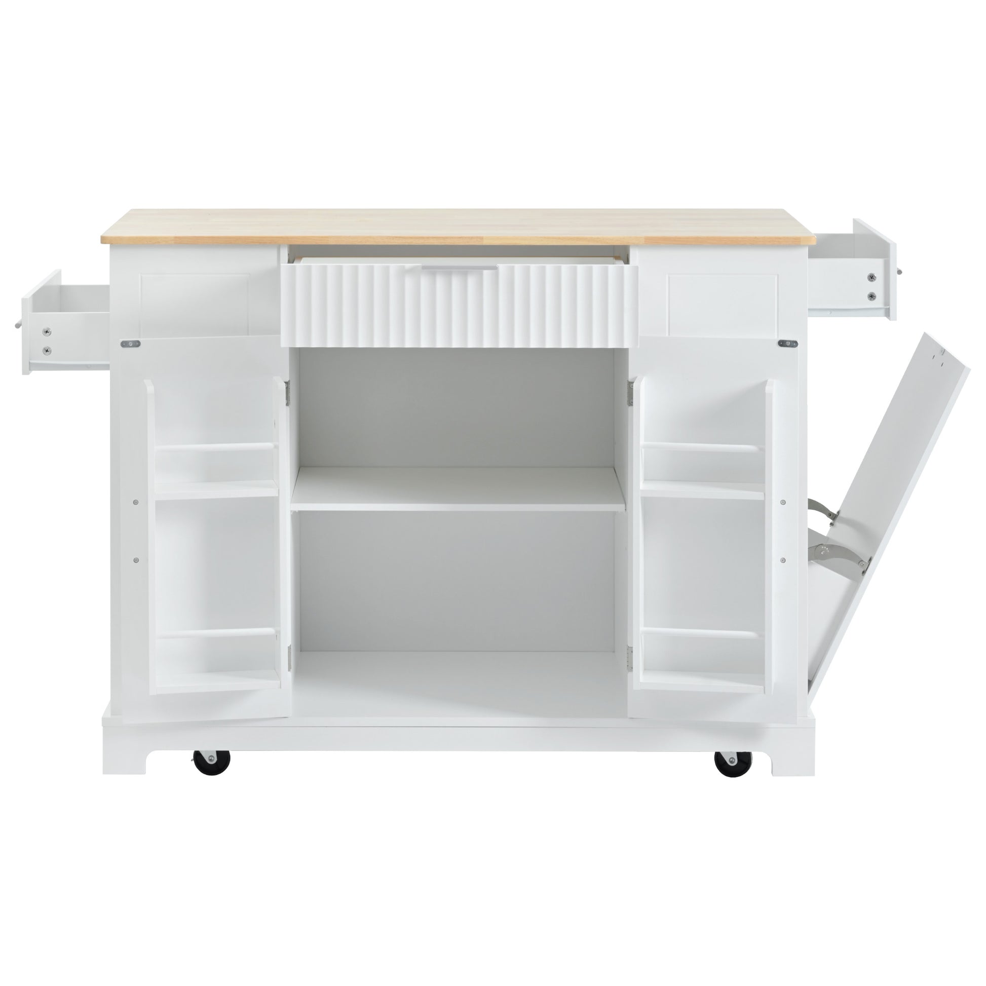 White kitchen island with butcher block top