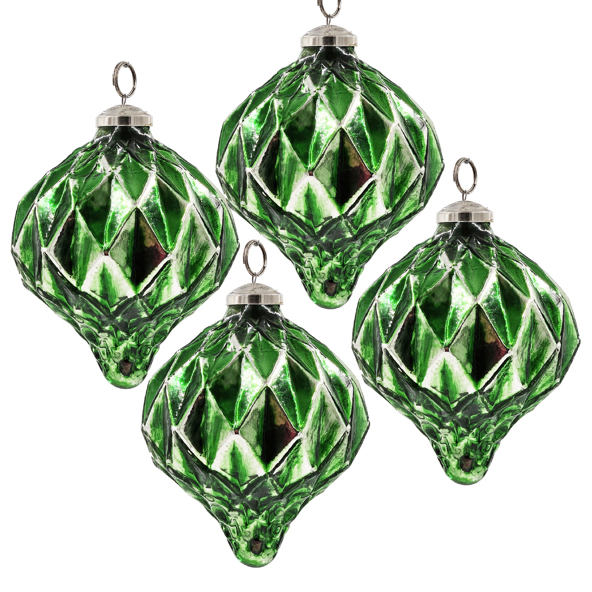 Set of  vintage green diamondcut glass Christmas ornaments