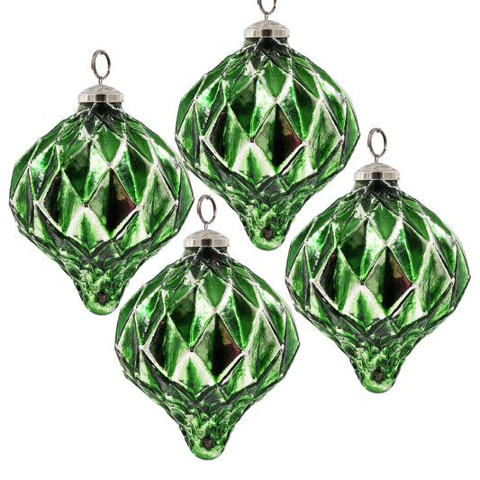 Set of  vintage green diamondcut glass Christmas ornaments