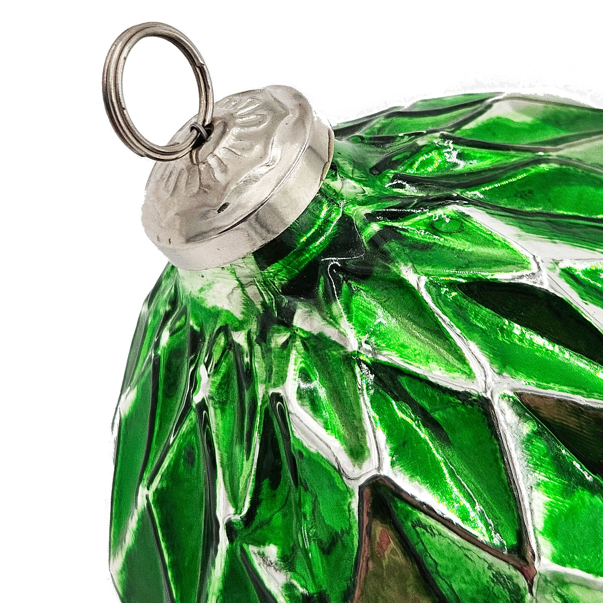 Textured emerald green glass Christmas ornament with silver cap