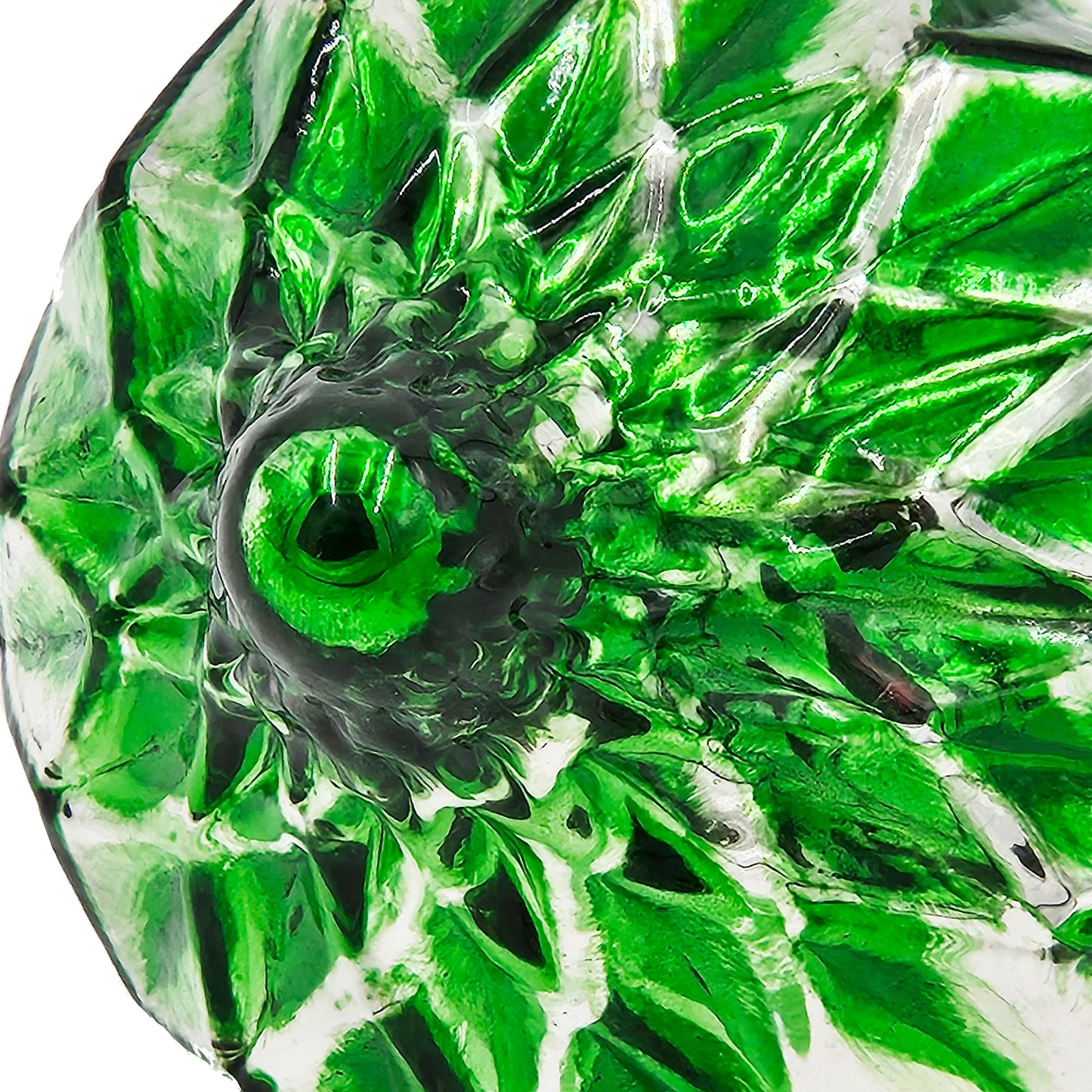 Emerald green textured glass centerpiece with intricate diamondcut patterns
