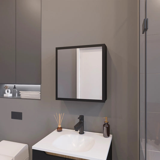 Modern black framed bathroom medicine cabinet with mirrored doors