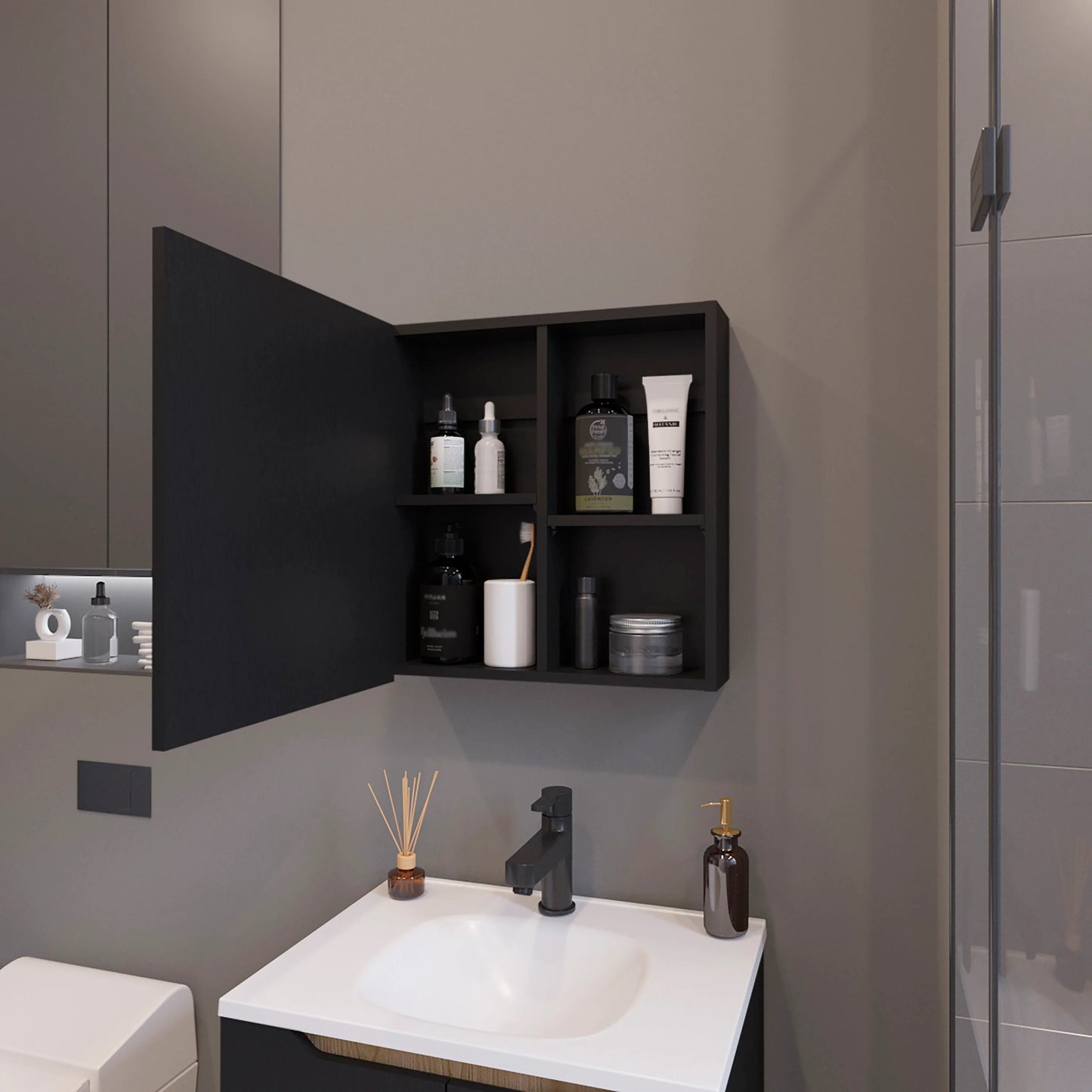 Black bathroom medicine cabinet with open door revealing toiletries