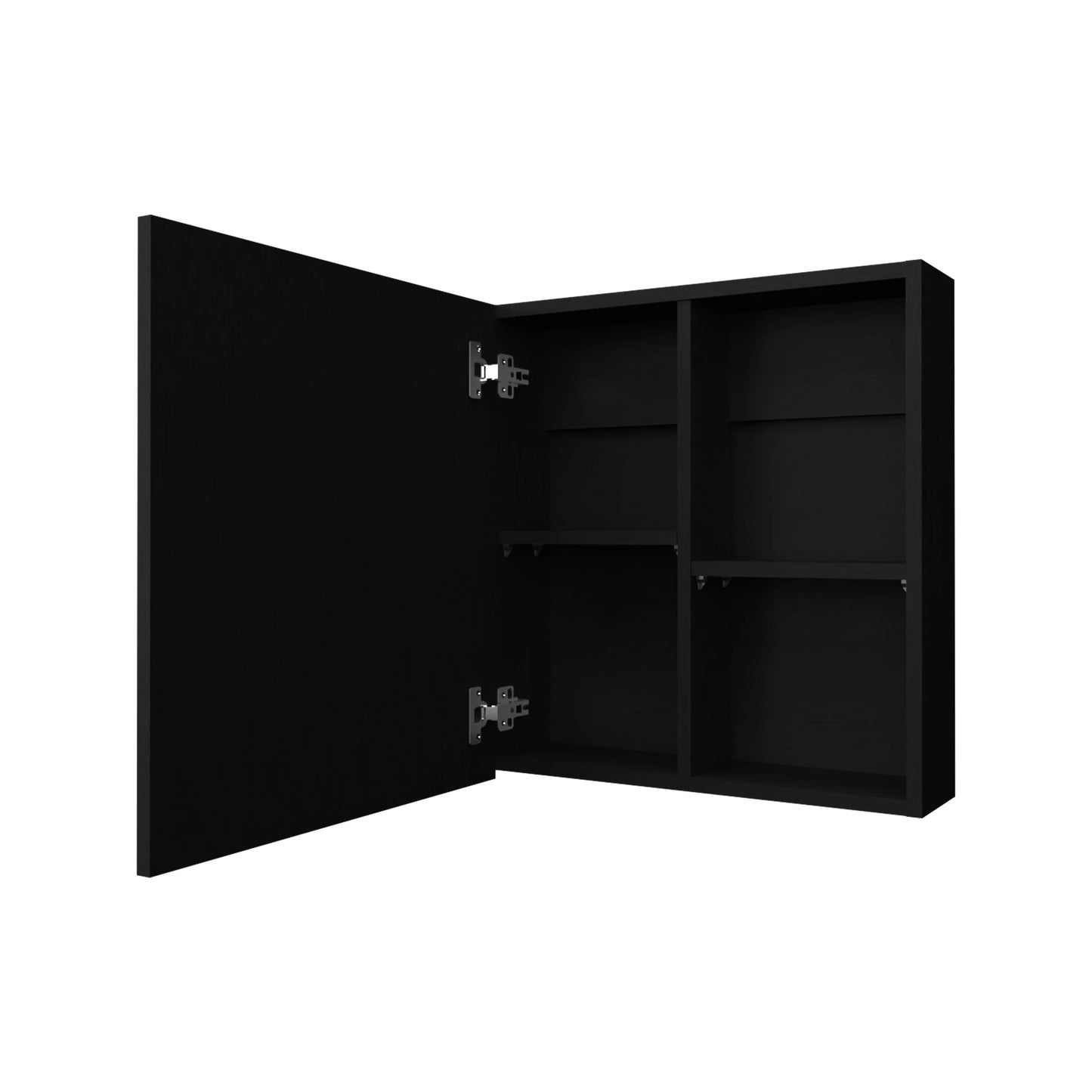 Black wall cabinet with open door and two shelves