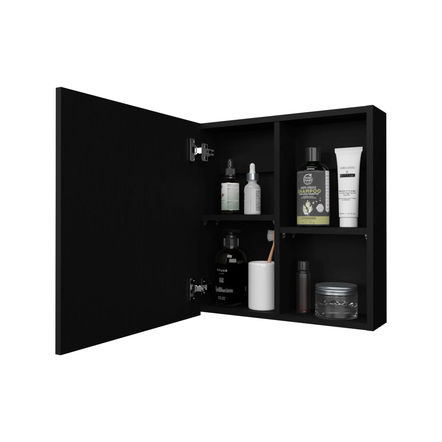 Black medicine cabinet with open door revealing shelves