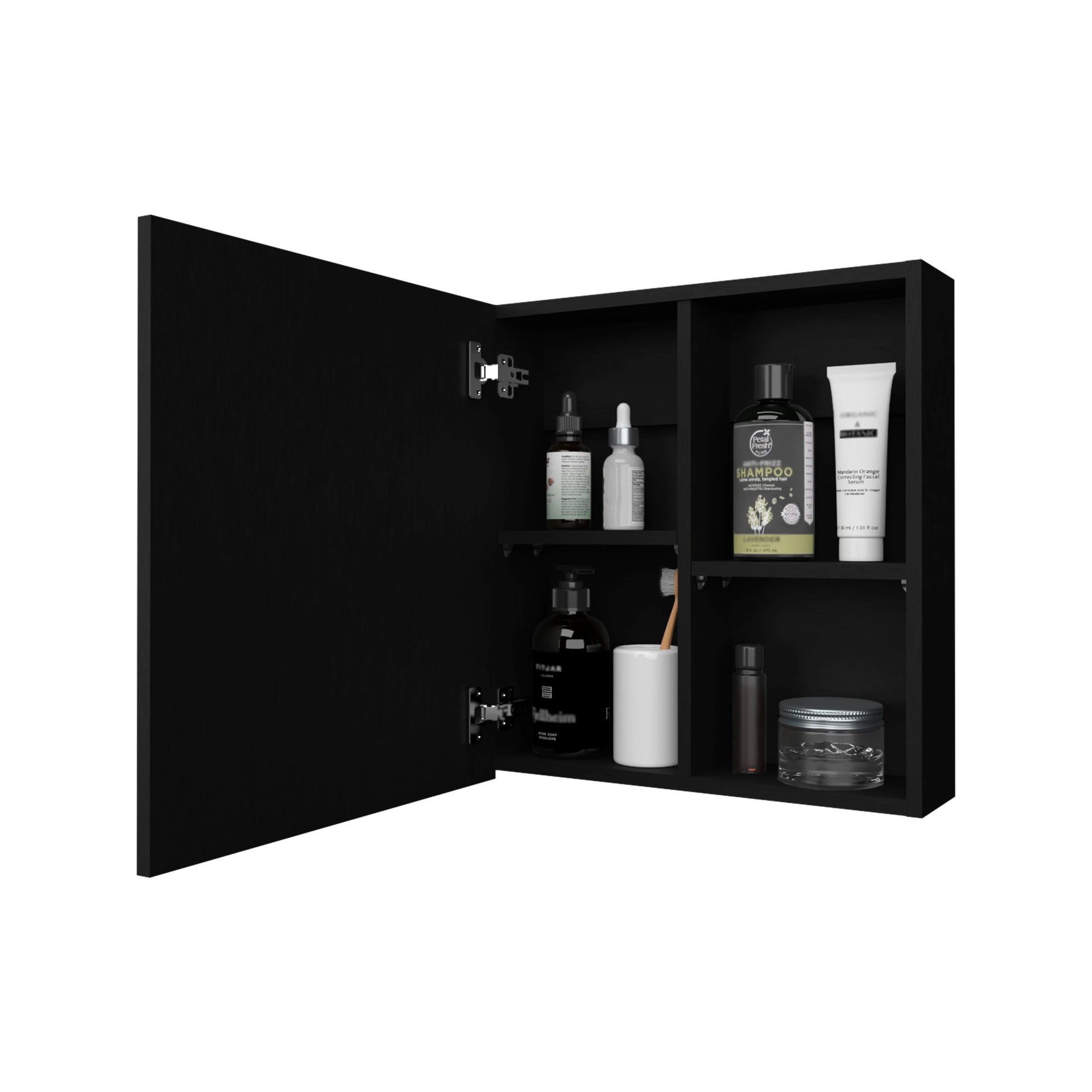 Black medicine cabinet with open door revealing shelves