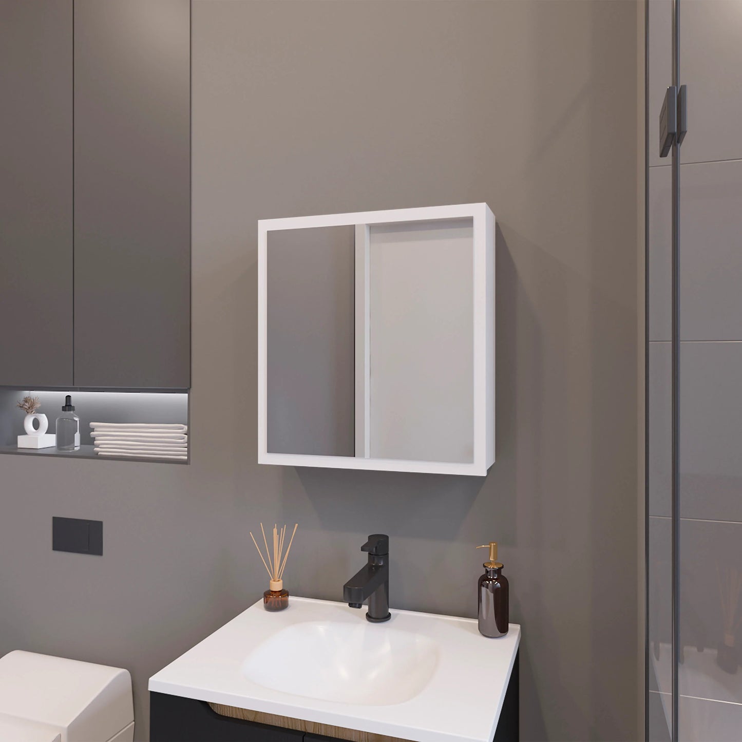 White framed doubledoor medicine cabinet with mirrored fronts