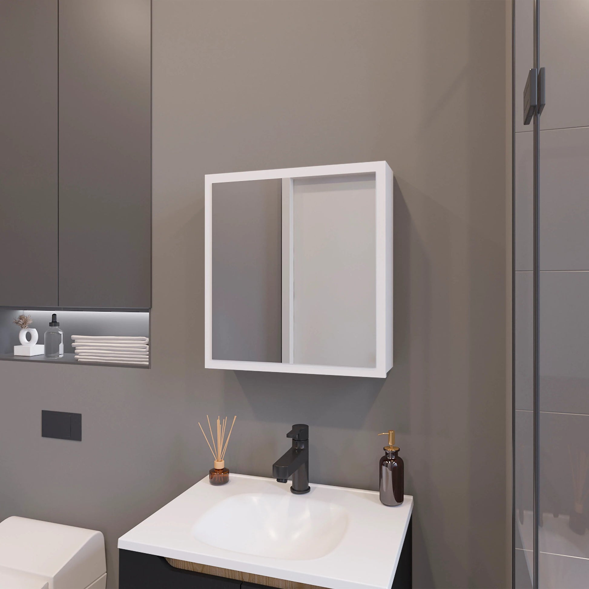 White framed doubledoor medicine cabinet with mirrored fronts