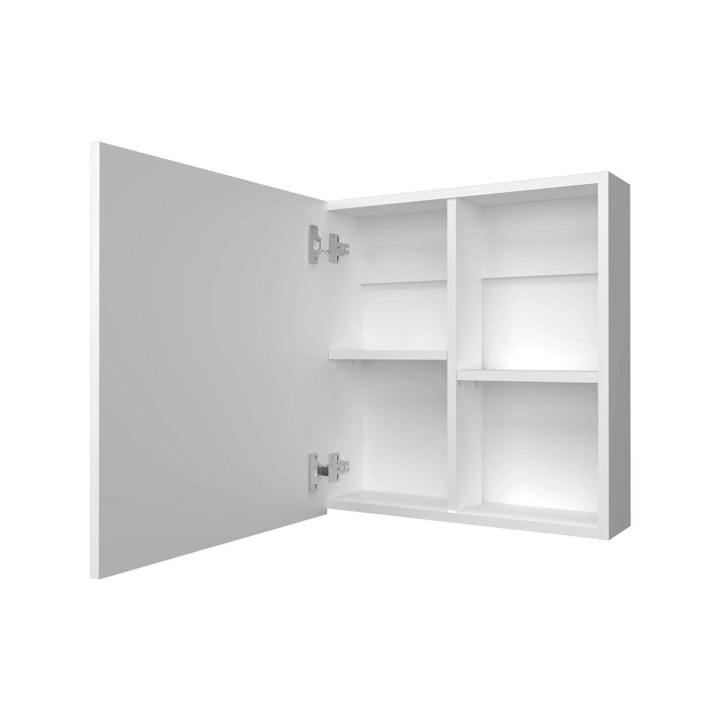 White modern medicine cabinet with open door and shelves