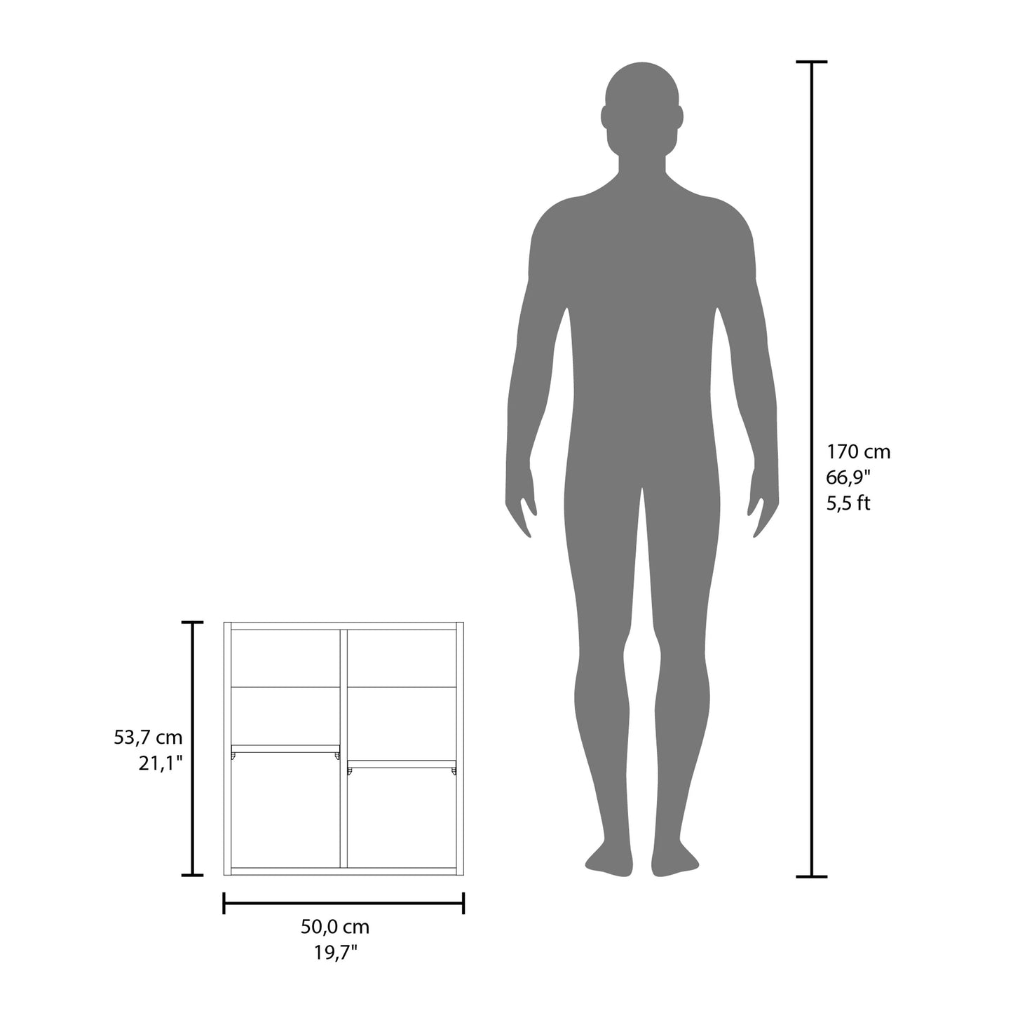 Small white storage cube unit next to a human silhouette for scale