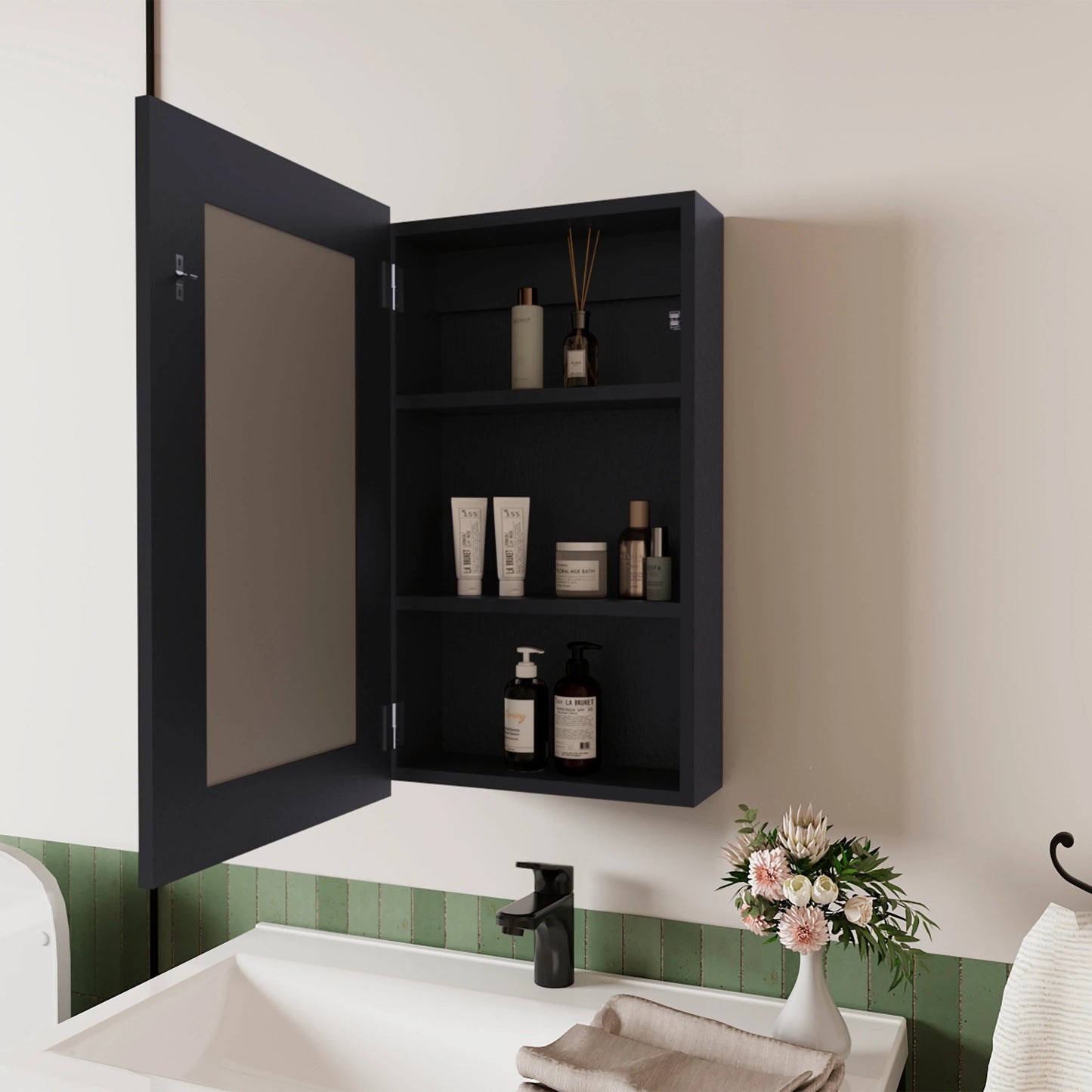 Dark wood medicine cabinet with open mirrored door