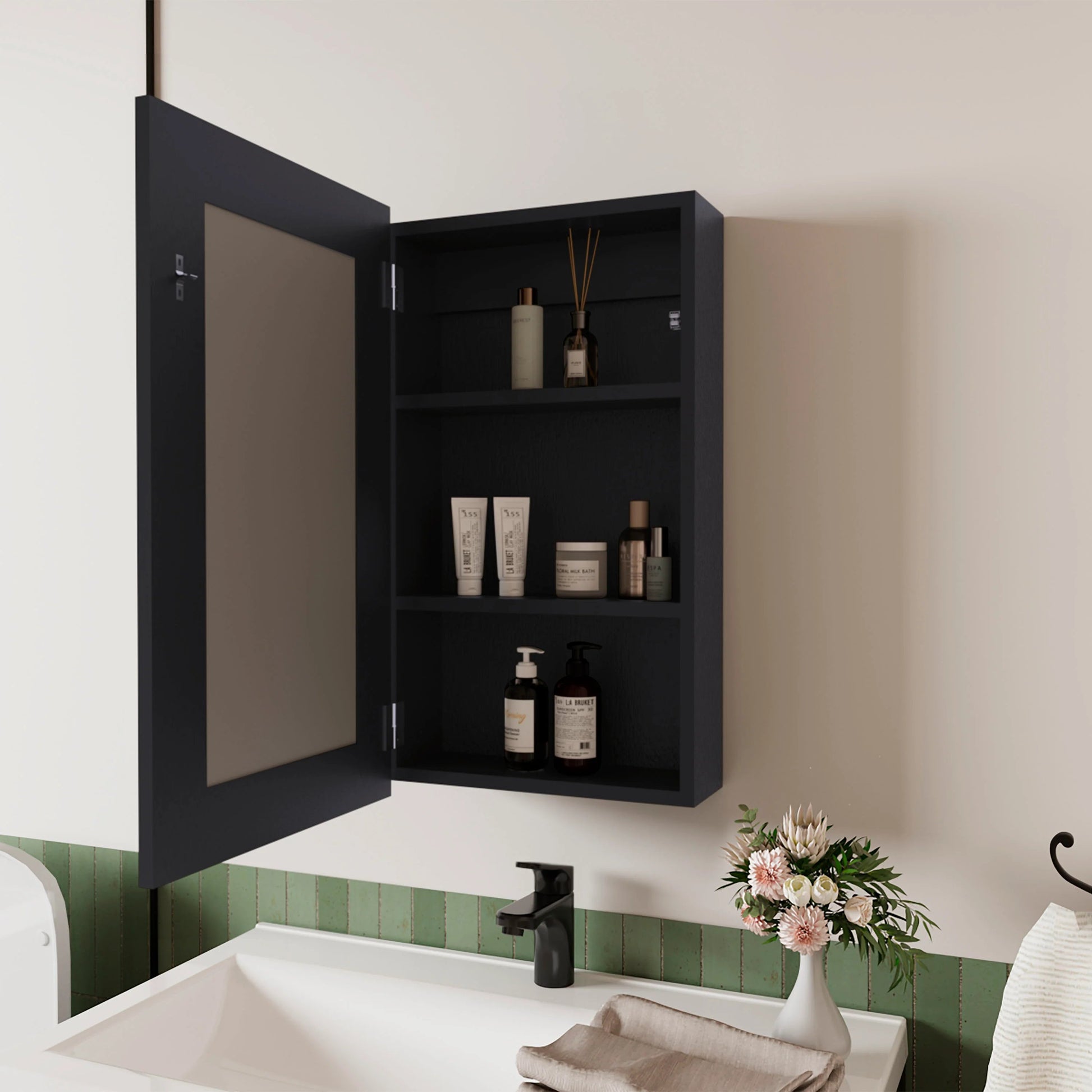 Dark wood medicine cabinet with open mirrored door
