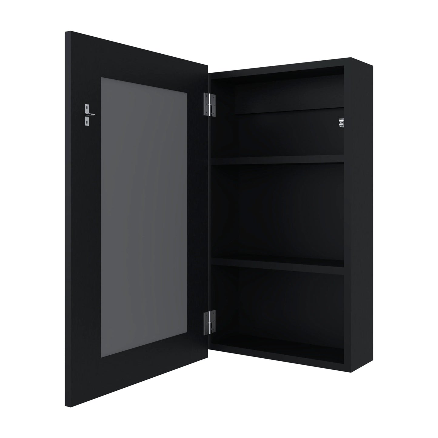 Black modern medicine cabinet with clear glass door and adjustable shelves