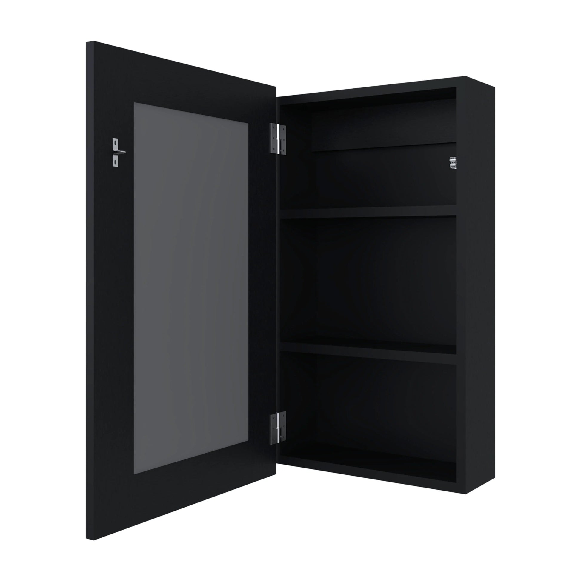 Black modern medicine cabinet with clear glass door and adjustable shelves