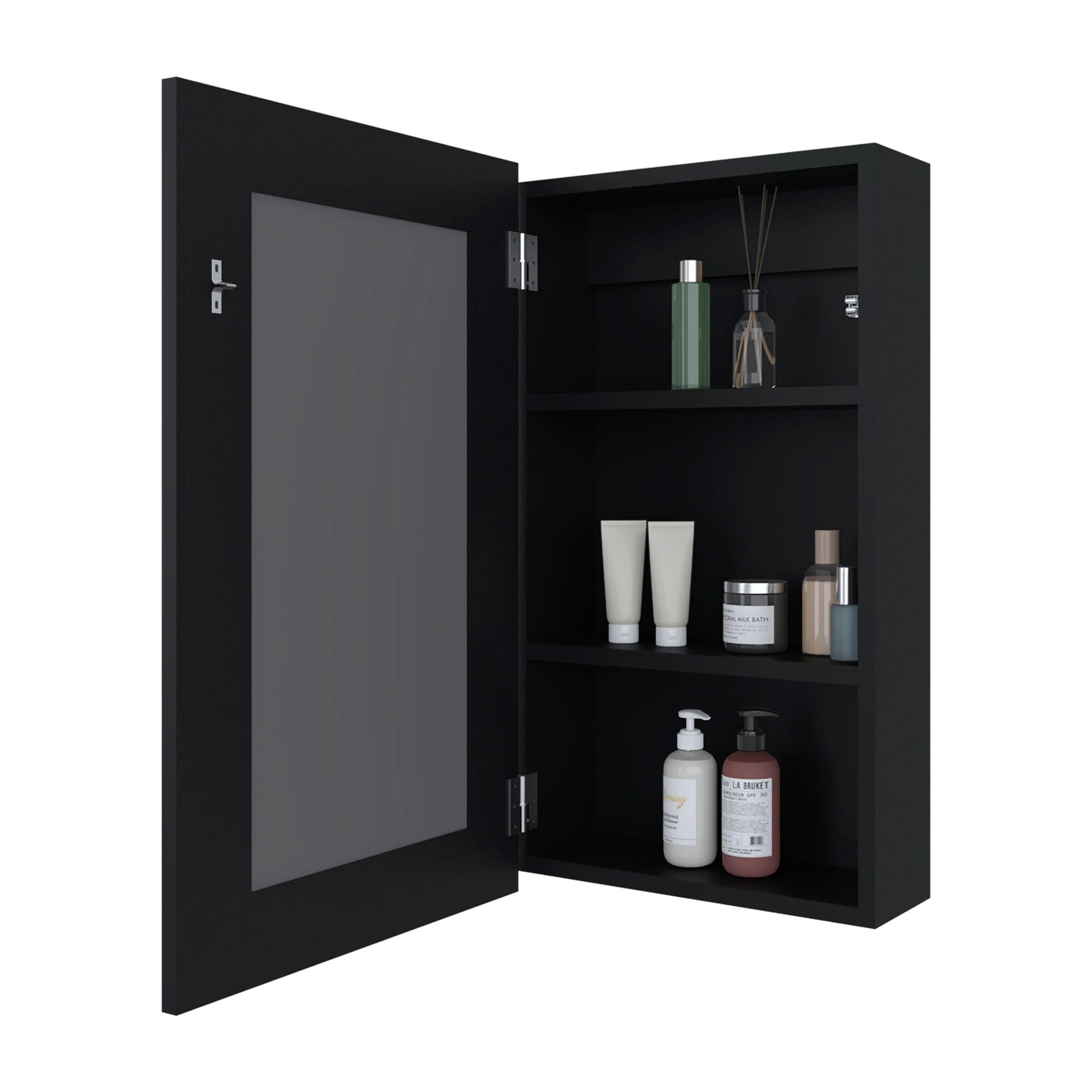 Black medicine cabinet with open mirrored door and shelves displaying toiletries