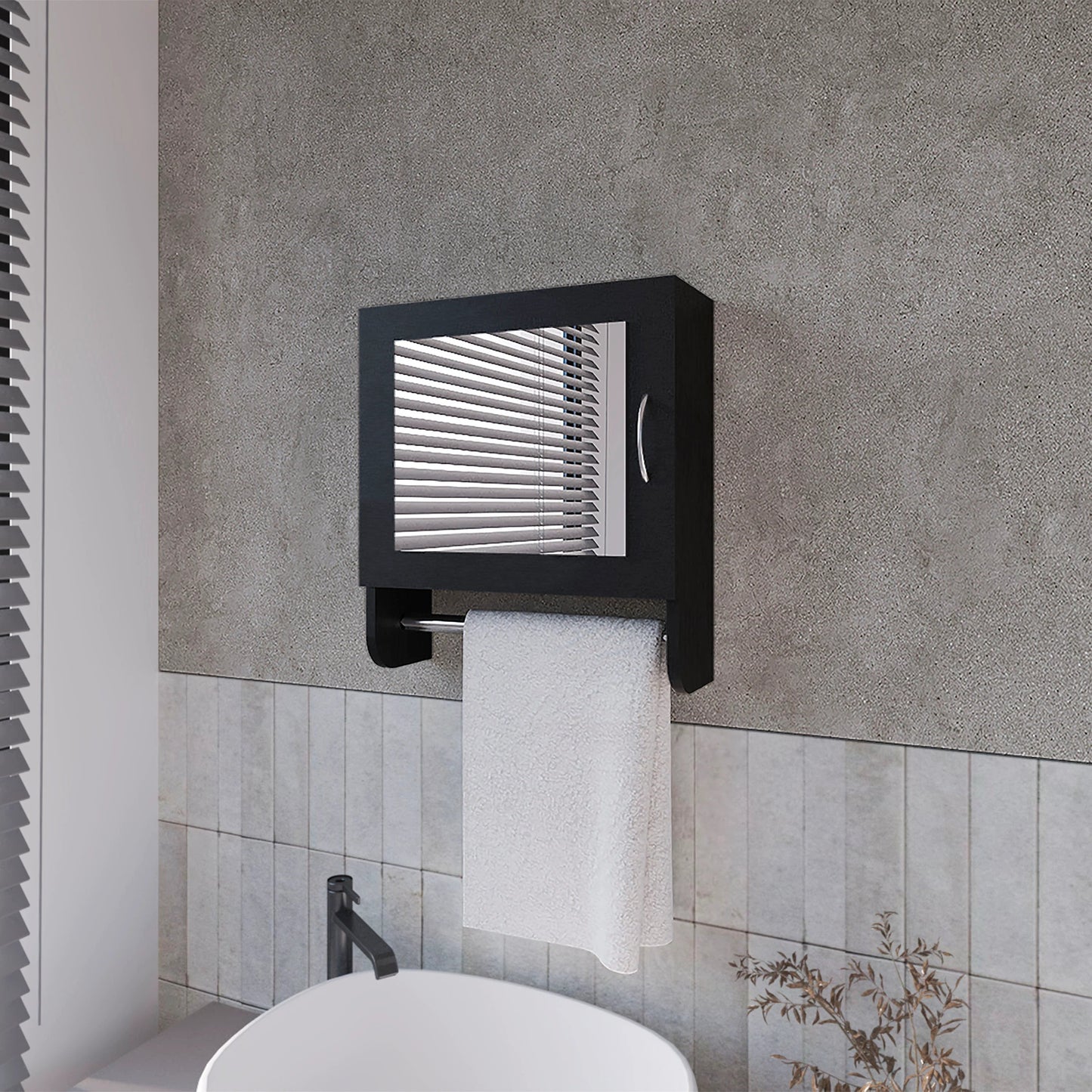 Black wallmounted bathroom cabinet with towel bar