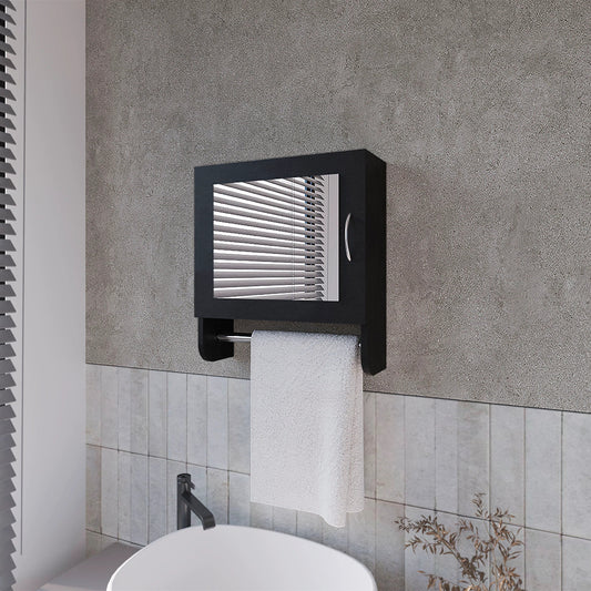 Black wallmounted bathroom cabinet with towel bar