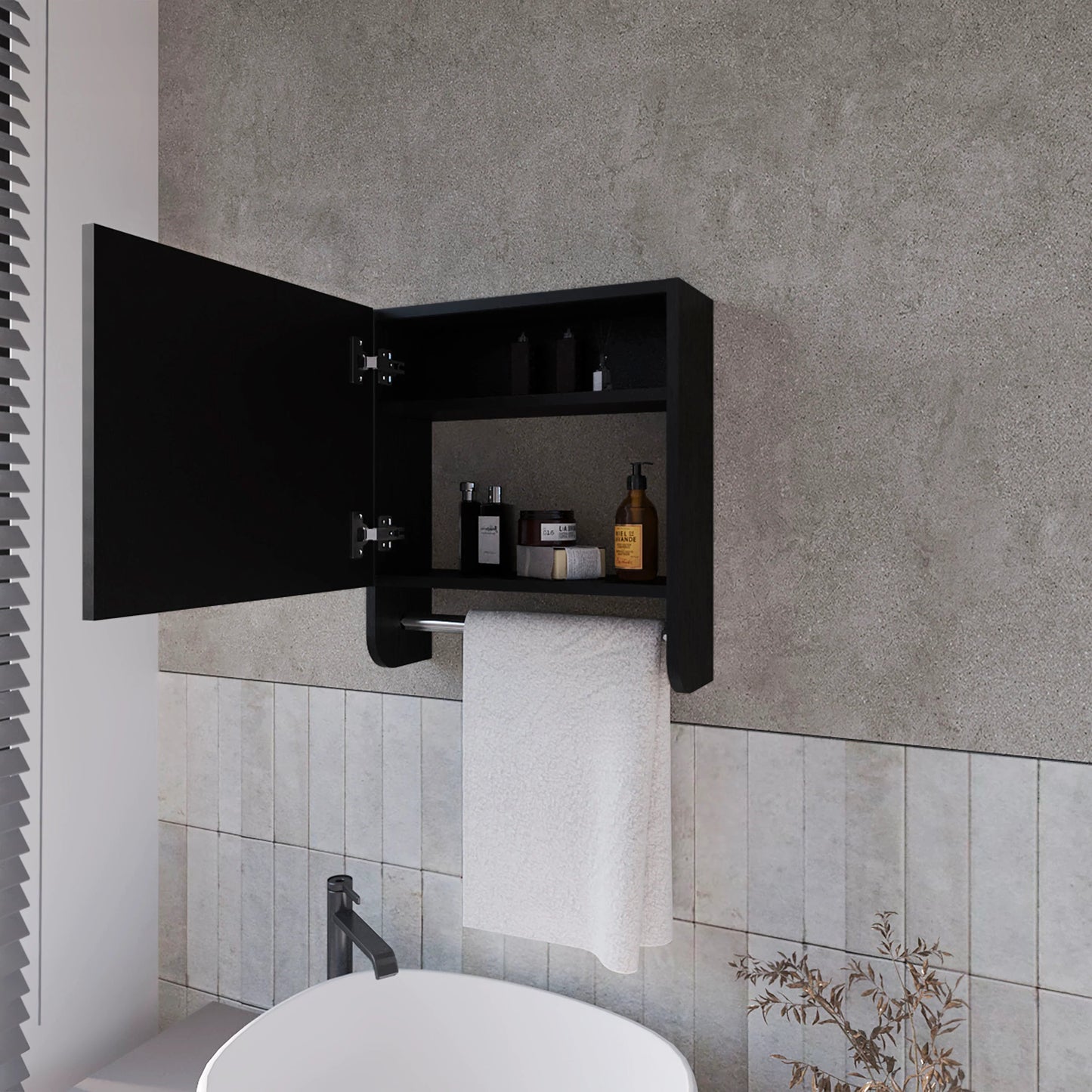 Black modern bathroom medicine cabinet with open door and towel bar holding white towel