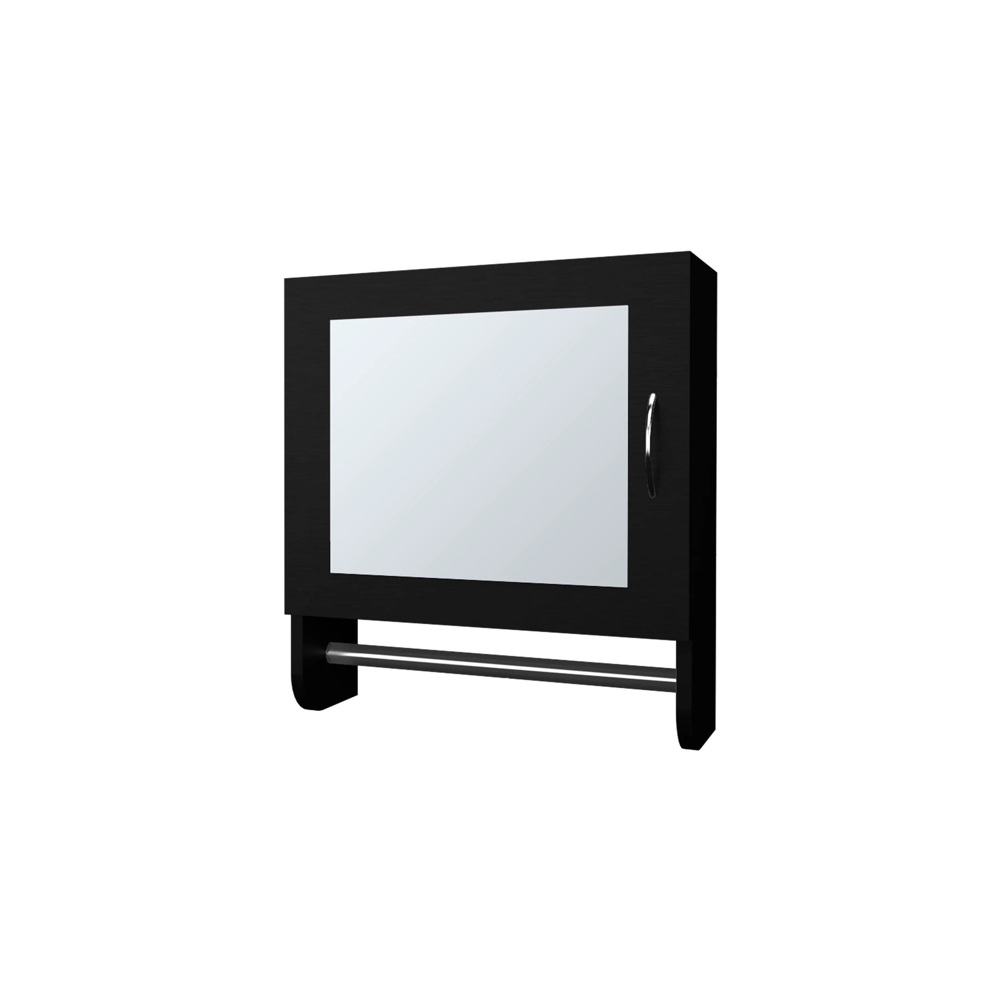 Black mirrored medicine cabinet with chrome handle and towel bar