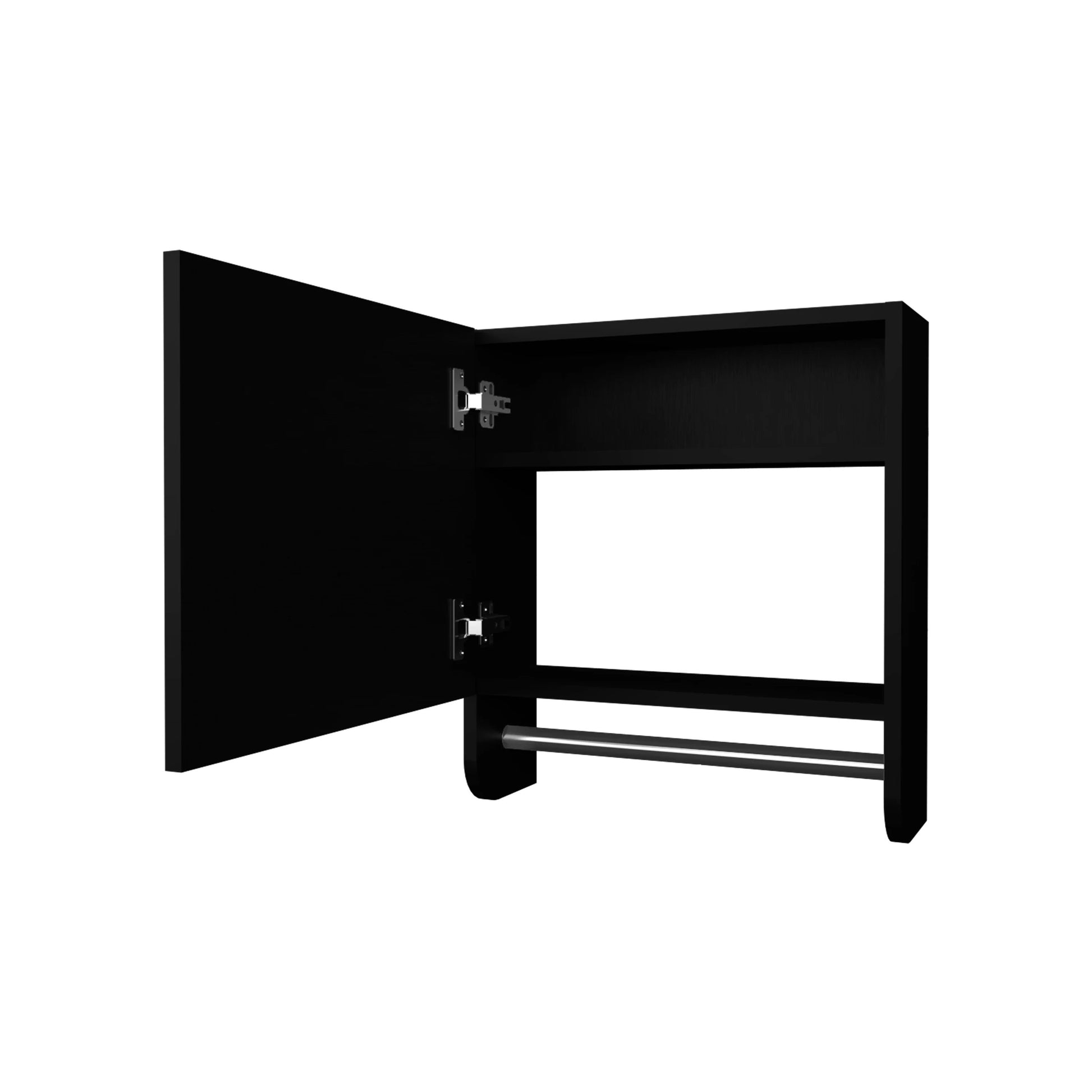 Black wall cabinet with open door and chrome towel bar