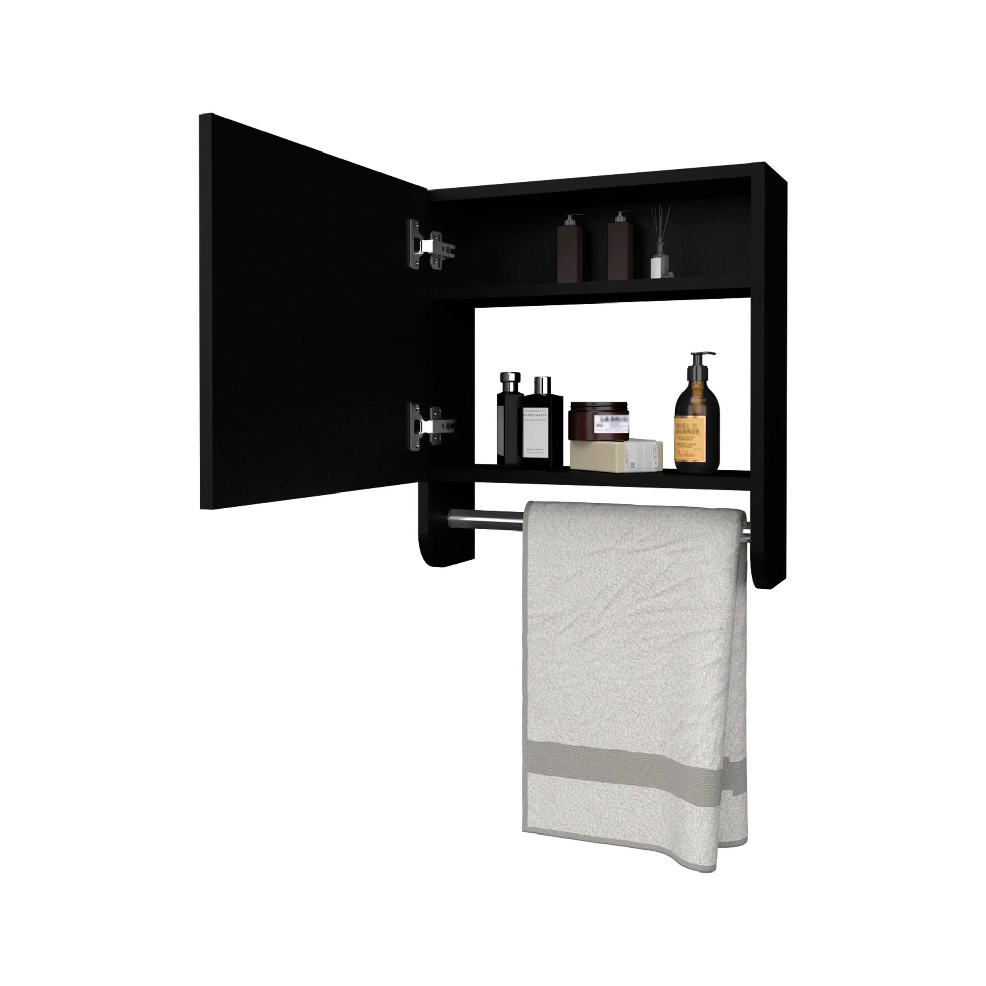 Black medicine cabinet with open door and towel bar