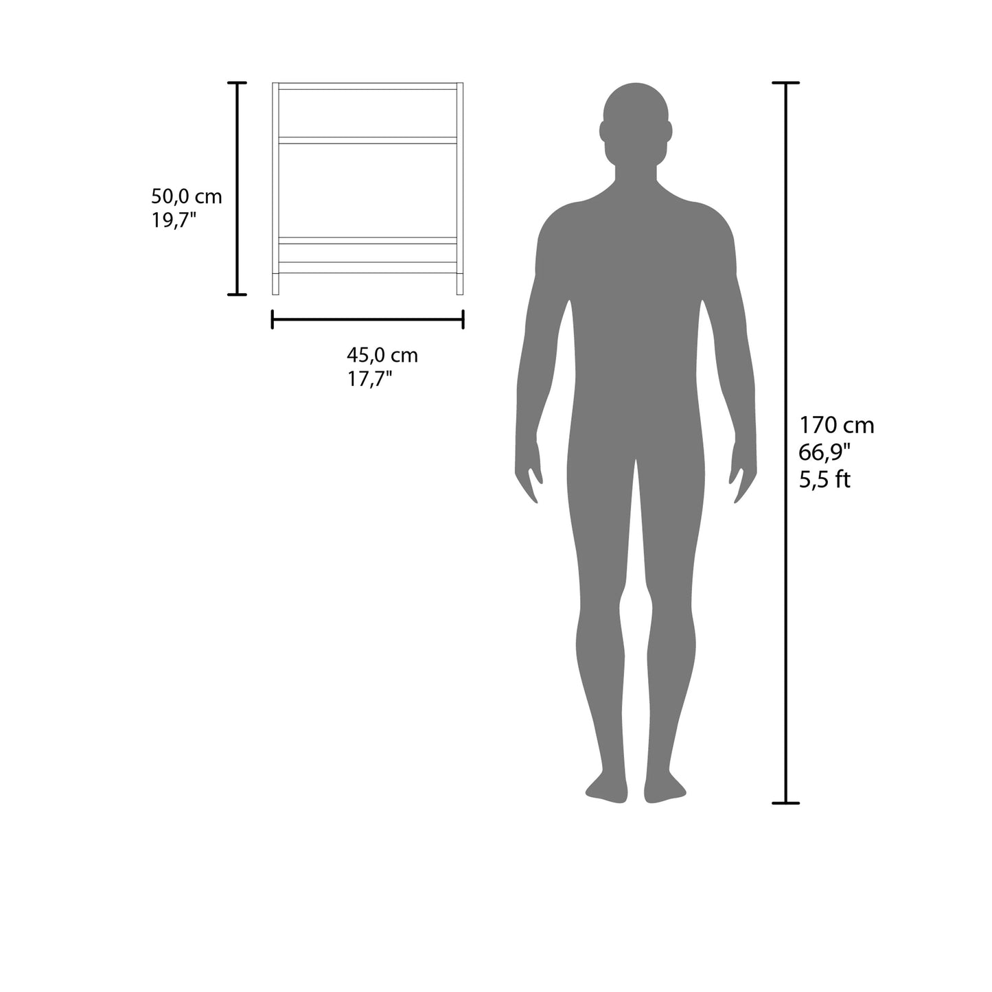 Minimalist white shelf unit shown beside a human silhouette for scale