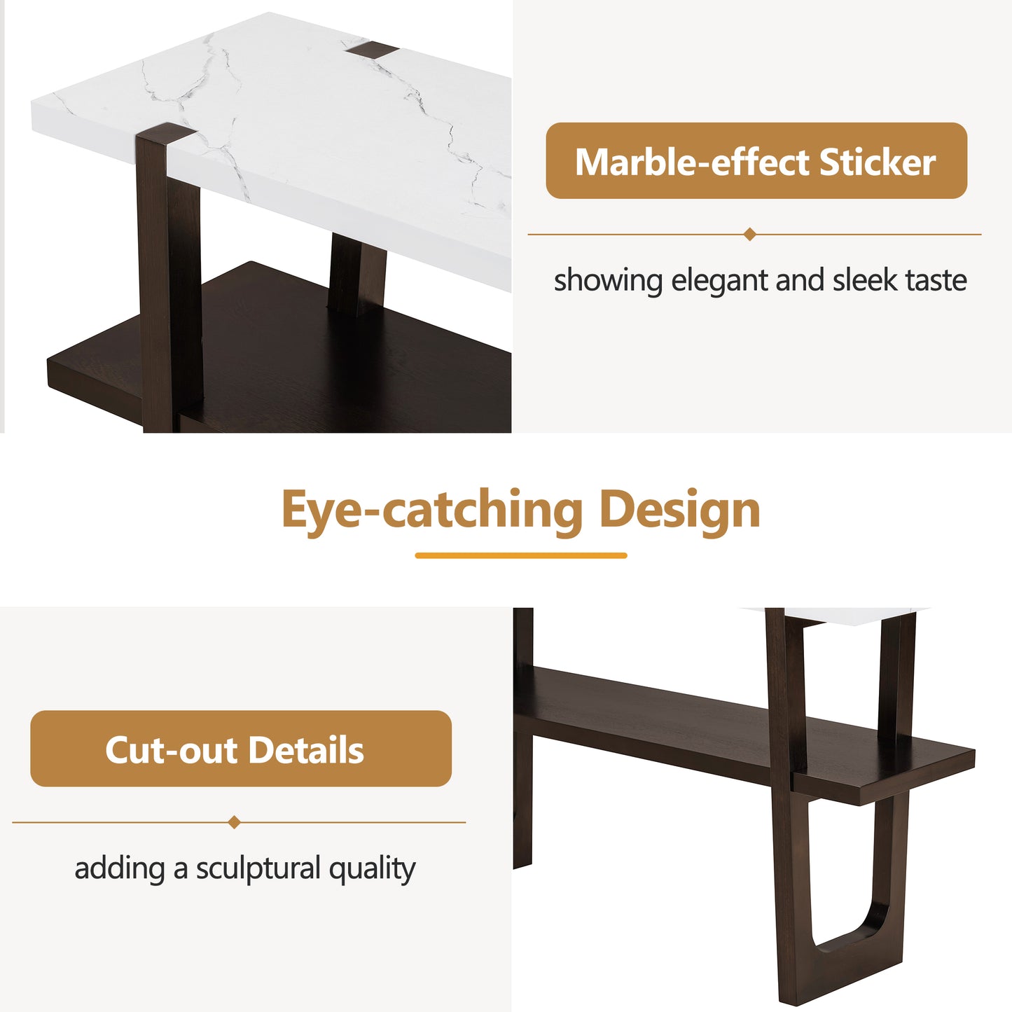 Modern coffee table with marbleeffect top and dark wood frame