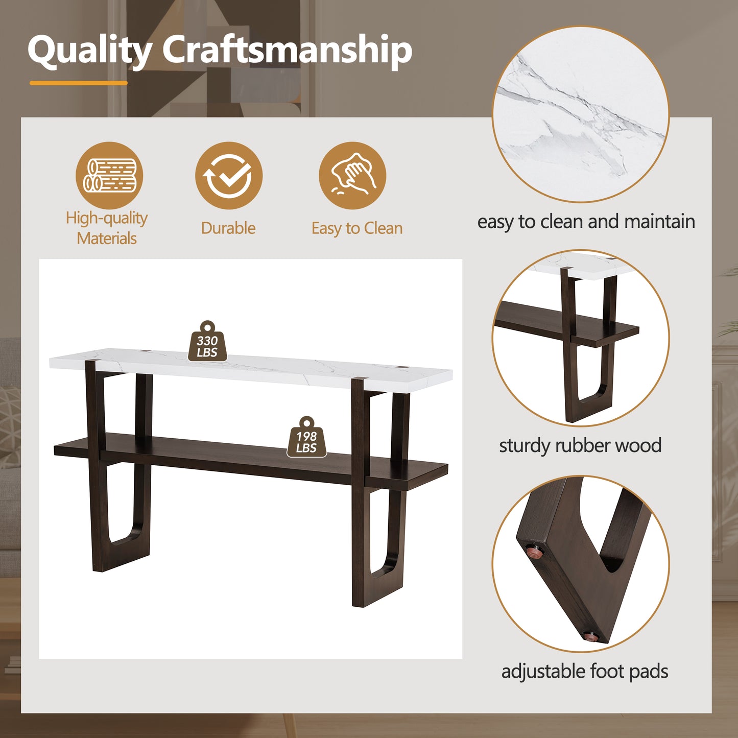 White marble top console table with dark wood frame