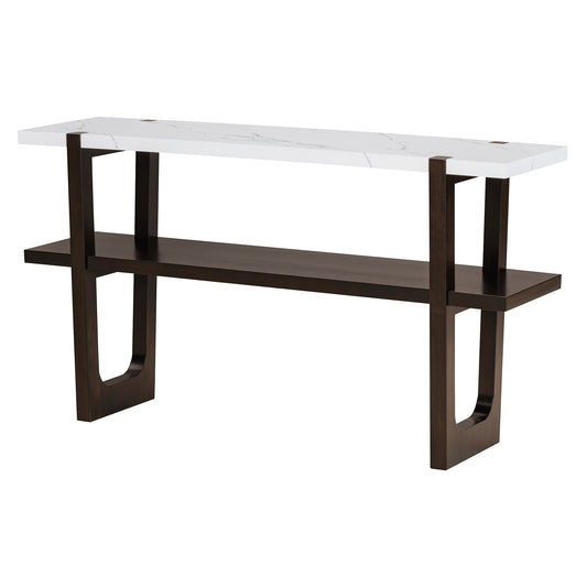 Modern console table with white marble top and dark wood frame
