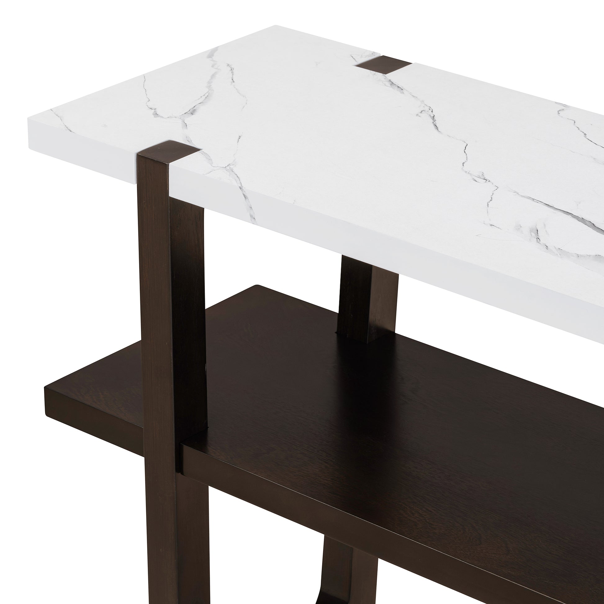 Modern console table with white marble top and dark wood frame