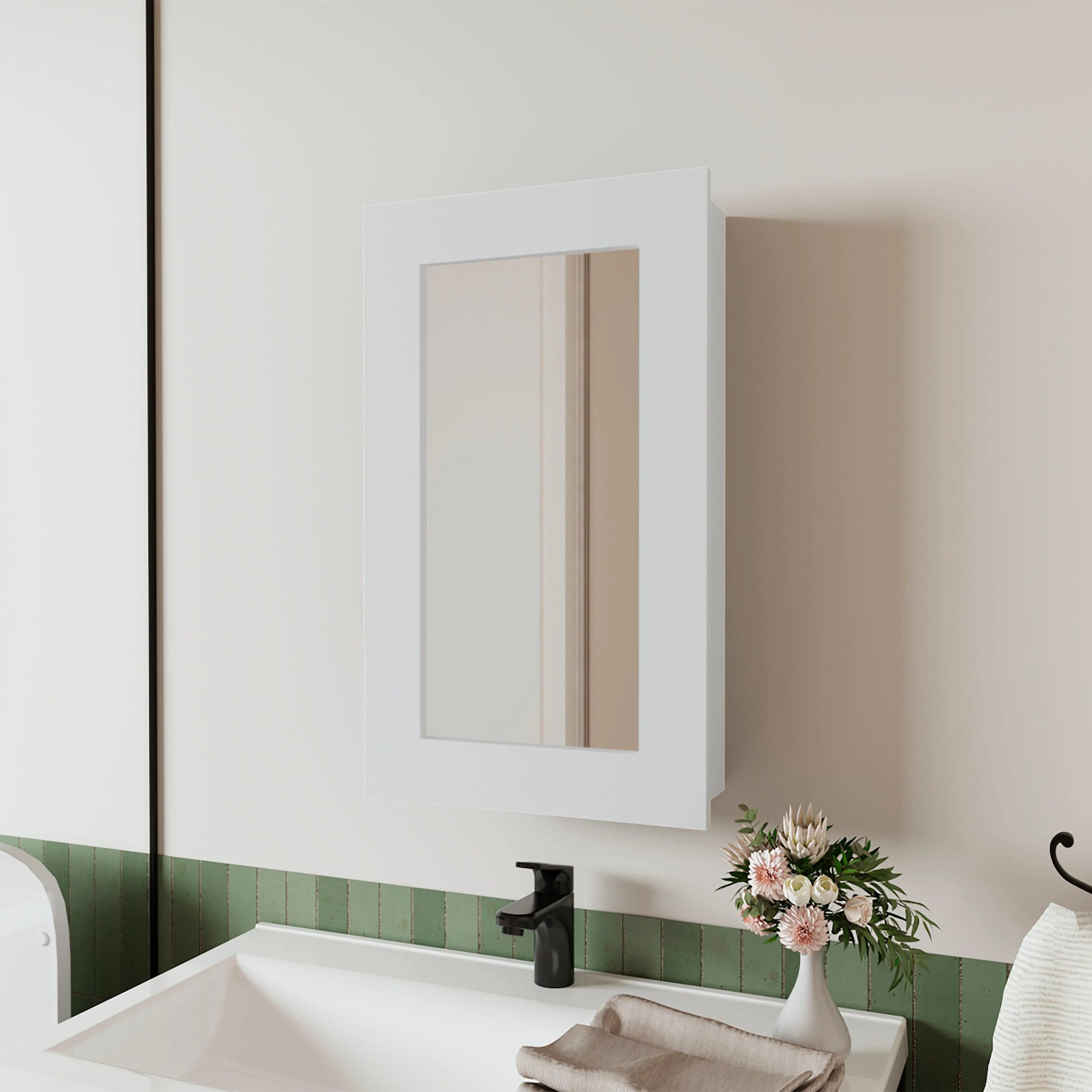 Modern white medicine cabinet with mirrored door